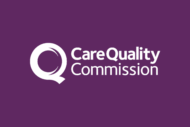 Care Quality Commission logo with white text and circular Q symbol on a purple background.