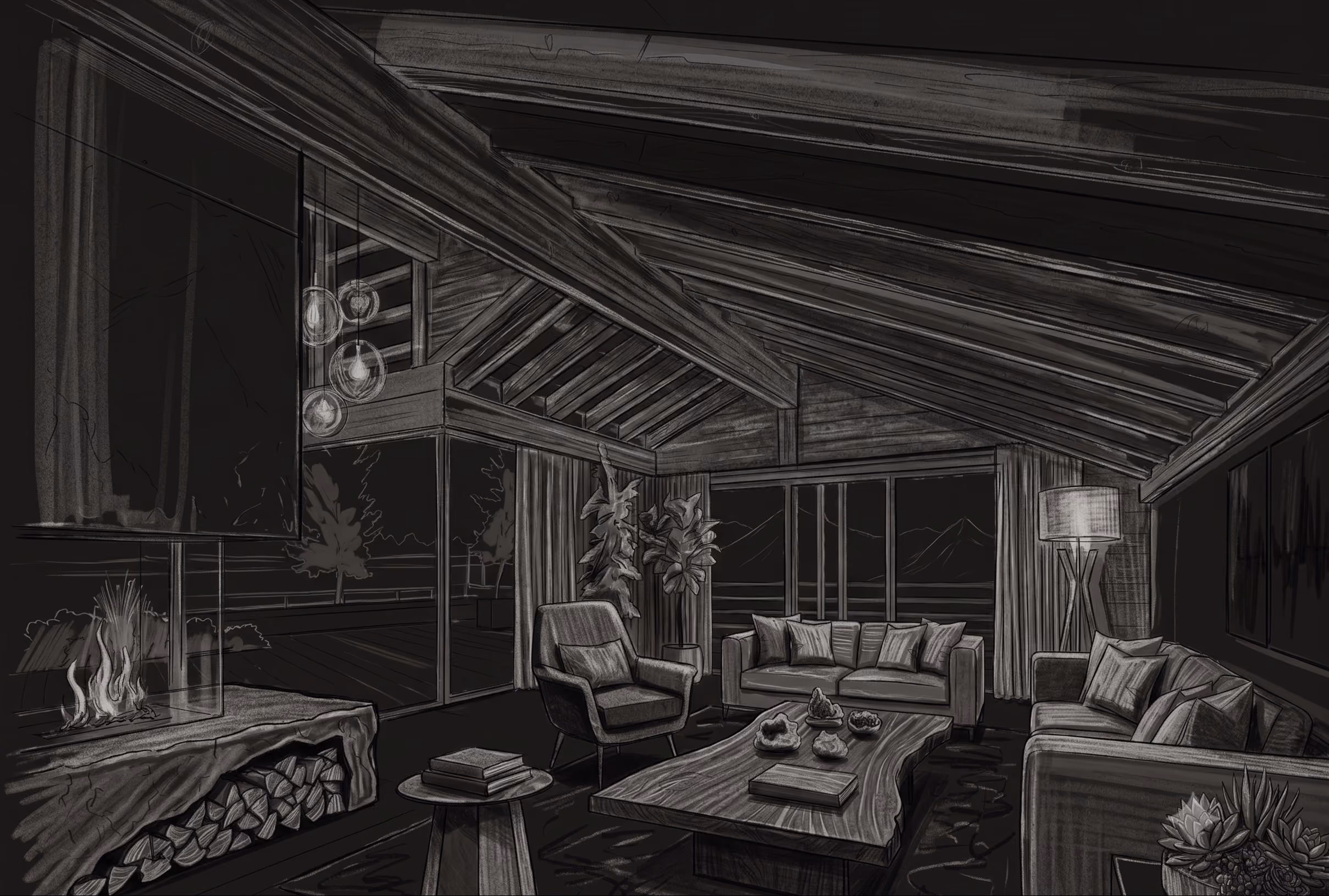 Salon sombre sous charpente en bois, avec grandes fenêtres et luminaires