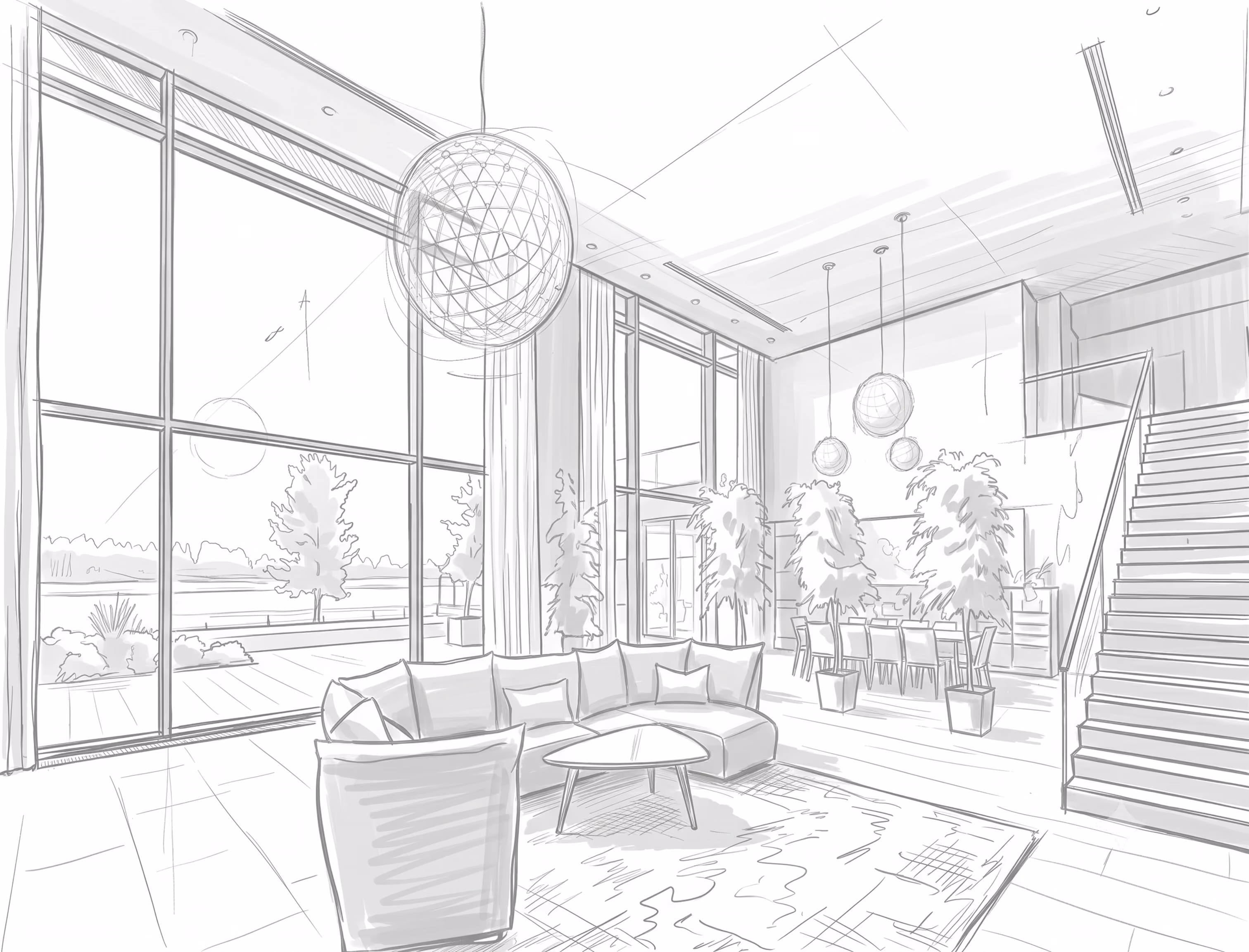 Croquis en noir et blanc d'un grand séjour avec baies vitrées et mobilier
