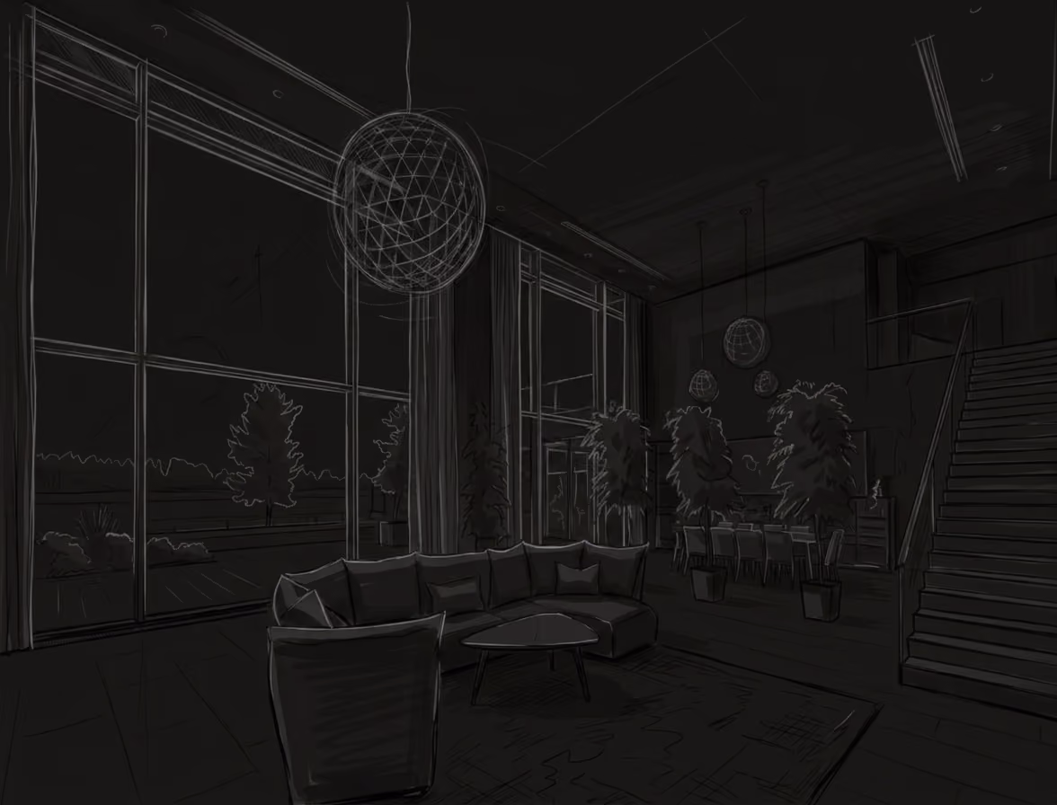 Salon sombre de chalet aux grandes baies vitrées, avec luminaires et mobilier