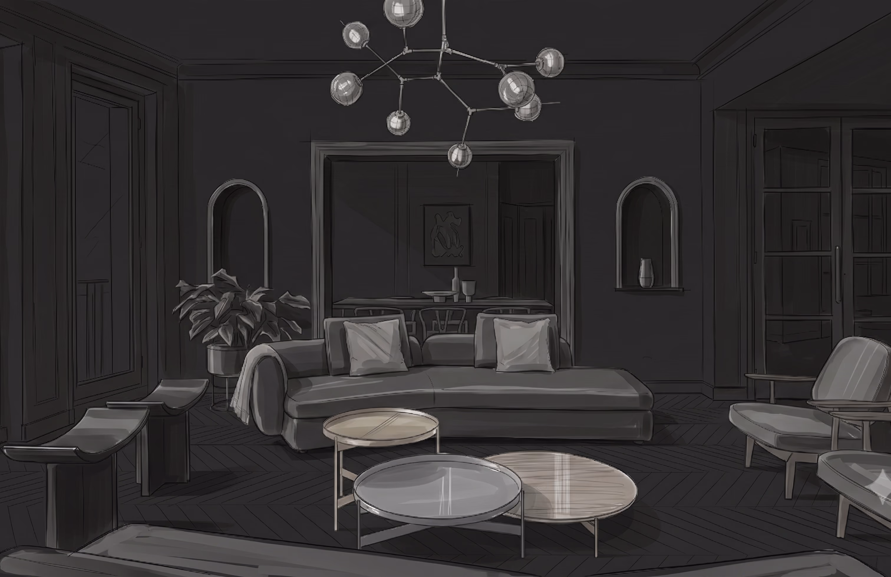 Salon sombre avec lustre, canapés et grandes ouvertures, dans une ambiance feutrée