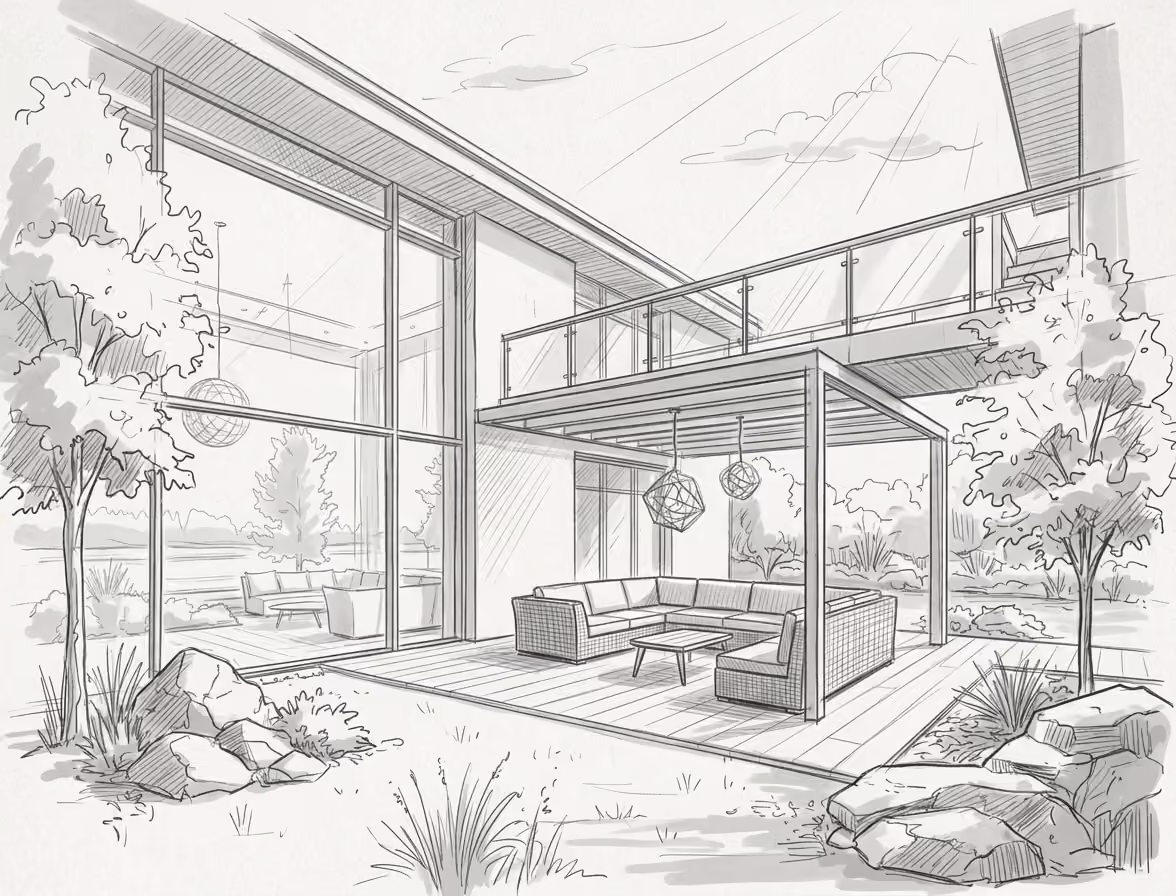 Croquis au crayon d'une maison contemporaine à grandes baies vitrées