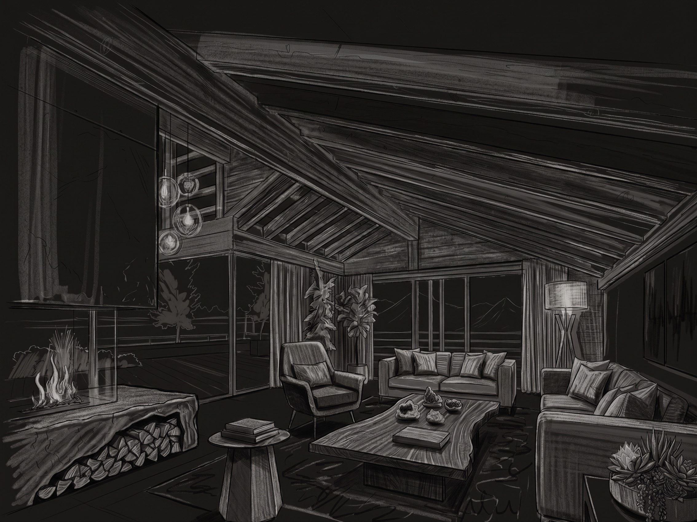 Salon sombre sous charpente en bois, avec canapés et luminaires