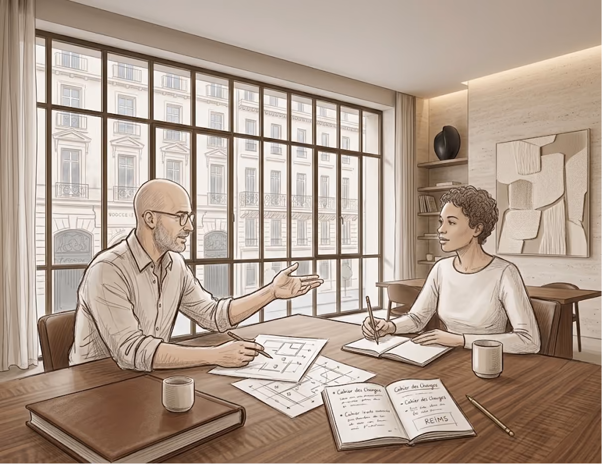Illustration d'un premier rendez-vous entre un architecte d'intérieur et une cliente autour d'une table, avec croquis de plans et cahier des charges, dans un bureau lumineux aux grandes fenêtres