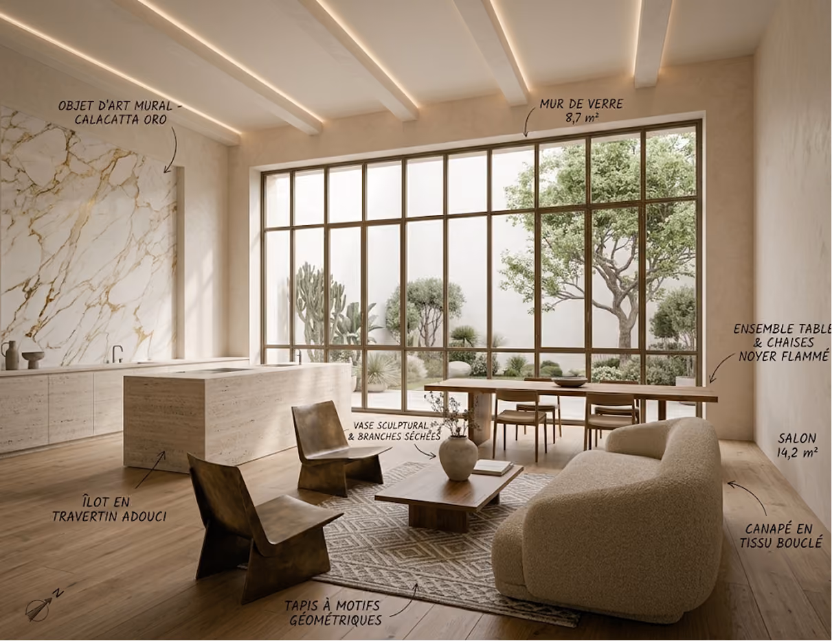 Salon lumineux avec grandes baies vitrées, canapé et fauteuils clairs et table basse