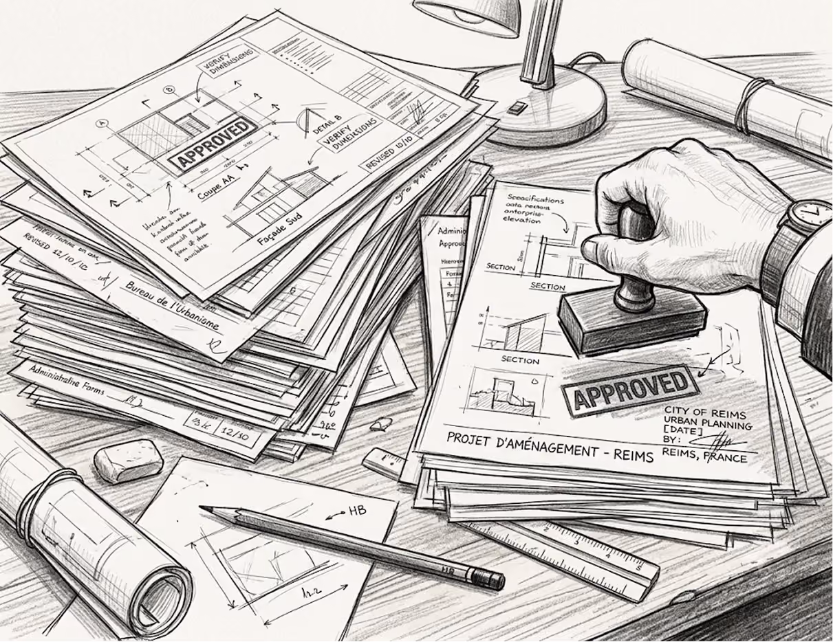 Pile de croquis et de plans d'architecte dessinés au crayon, en noir et blanc
