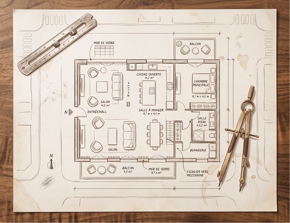 Plan d'appartement dessiné sur papier ancien, avec compas, règle et crayon sur une table en bois