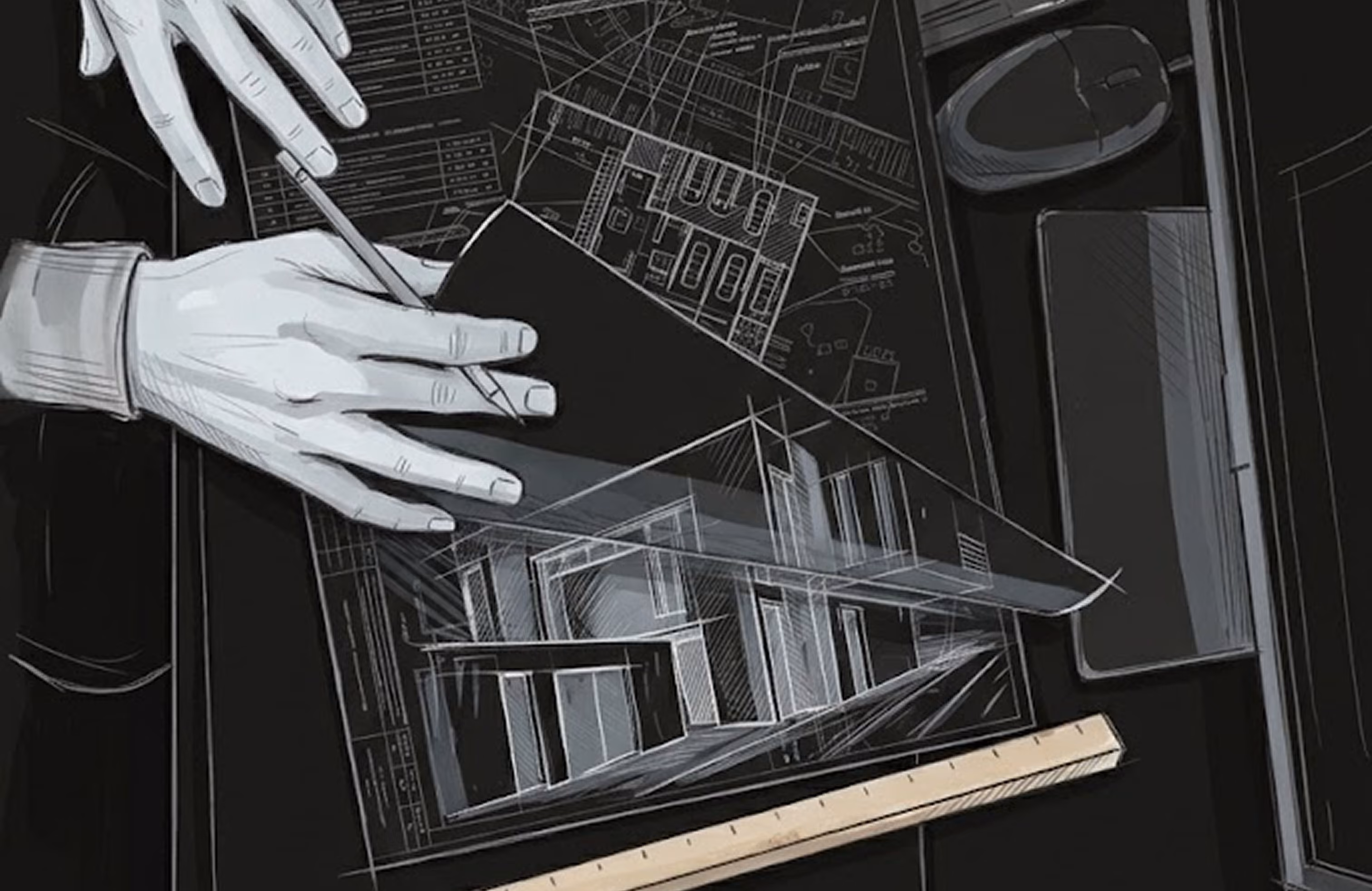 Mains blanches au-dessus de plans d'architecte, en noir et blanc sur fond sombre