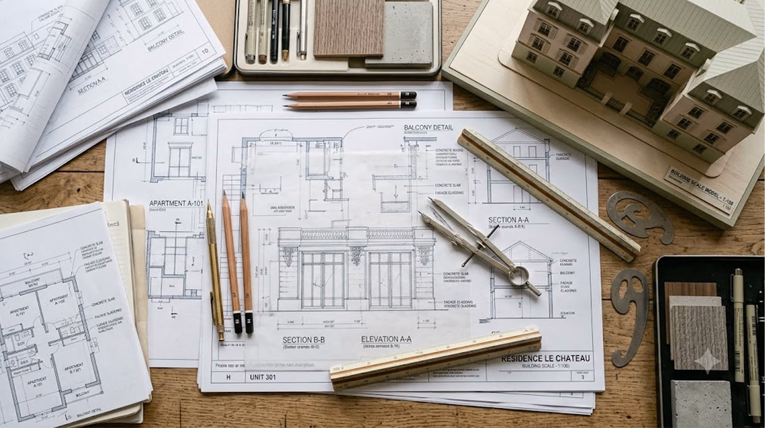 Plans techniques d'architecture étalés sur une table : élévations de façade, coupes et plan d'appartement, entourés de crayons, règles, compas, échantillons de matériaux et d'une maquette d'immeuble en volume