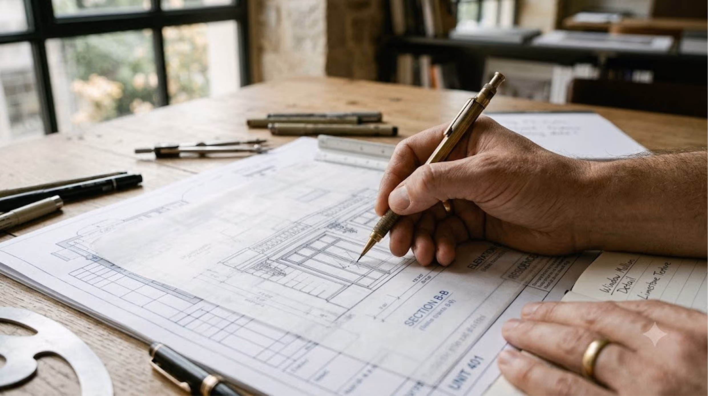 Main d'architecte traçant un plan au crayon sur une table de travail