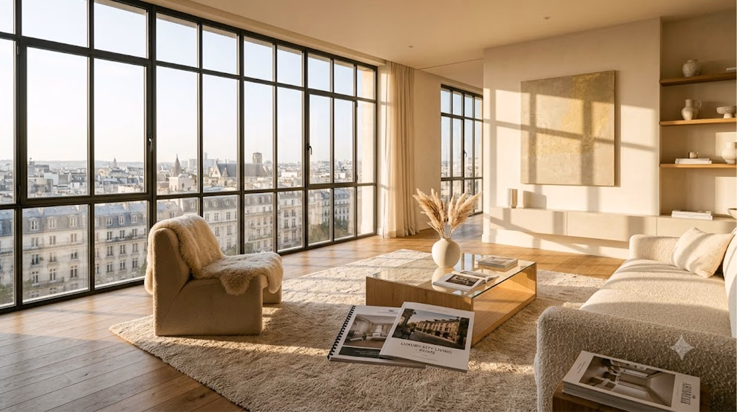 Salon lumineux d'un appartement rénové avec grandes baies vitrées sur les toits de la ville, canapé et fauteuil bouclette crème, table basse en bois et verre, tapis épais et décoration épurée aux tons beiges