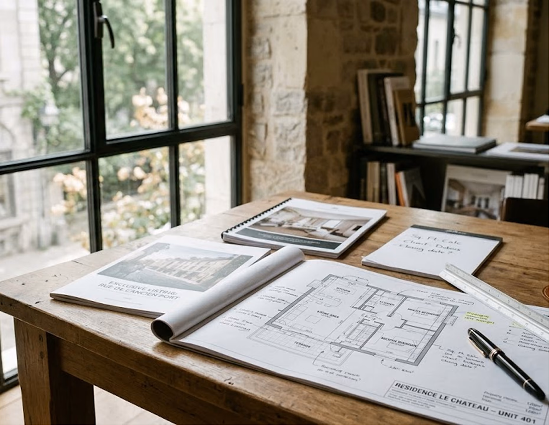 Table de travail en bois dans un atelier d'architecture aux murs en pierre, avec des plans d'aménagement d'appartement, des dossiers de projet, une règle et un stylo, devant une grande fenêtre donnant sur la verdure