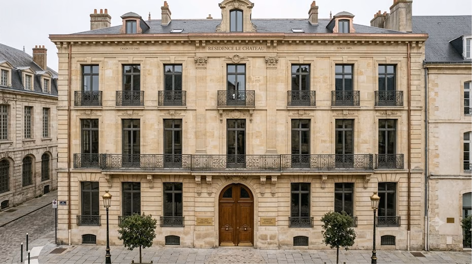 Façade d'un immeuble ancien en pierre de taille de style haussmannien, avec balcons en fer forgé, lucarnes en toiture et grande porte d'entrée en bois