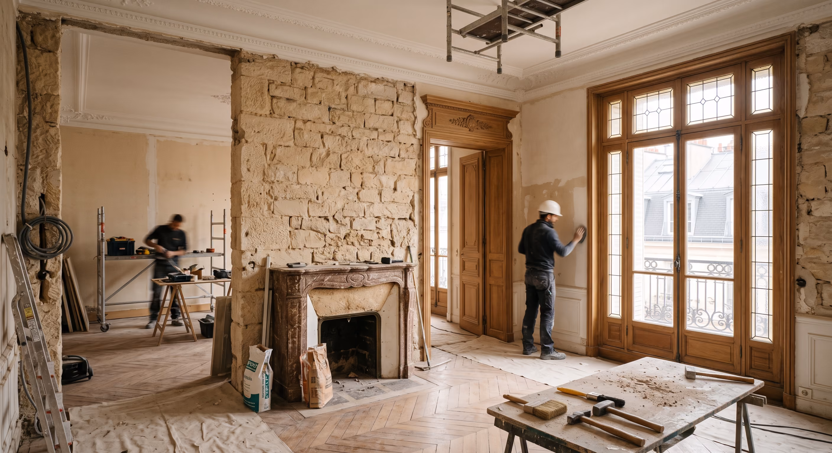 Pièce en pierre à rénover avec cheminée, grandes fenêtres et parquet, sans meubles