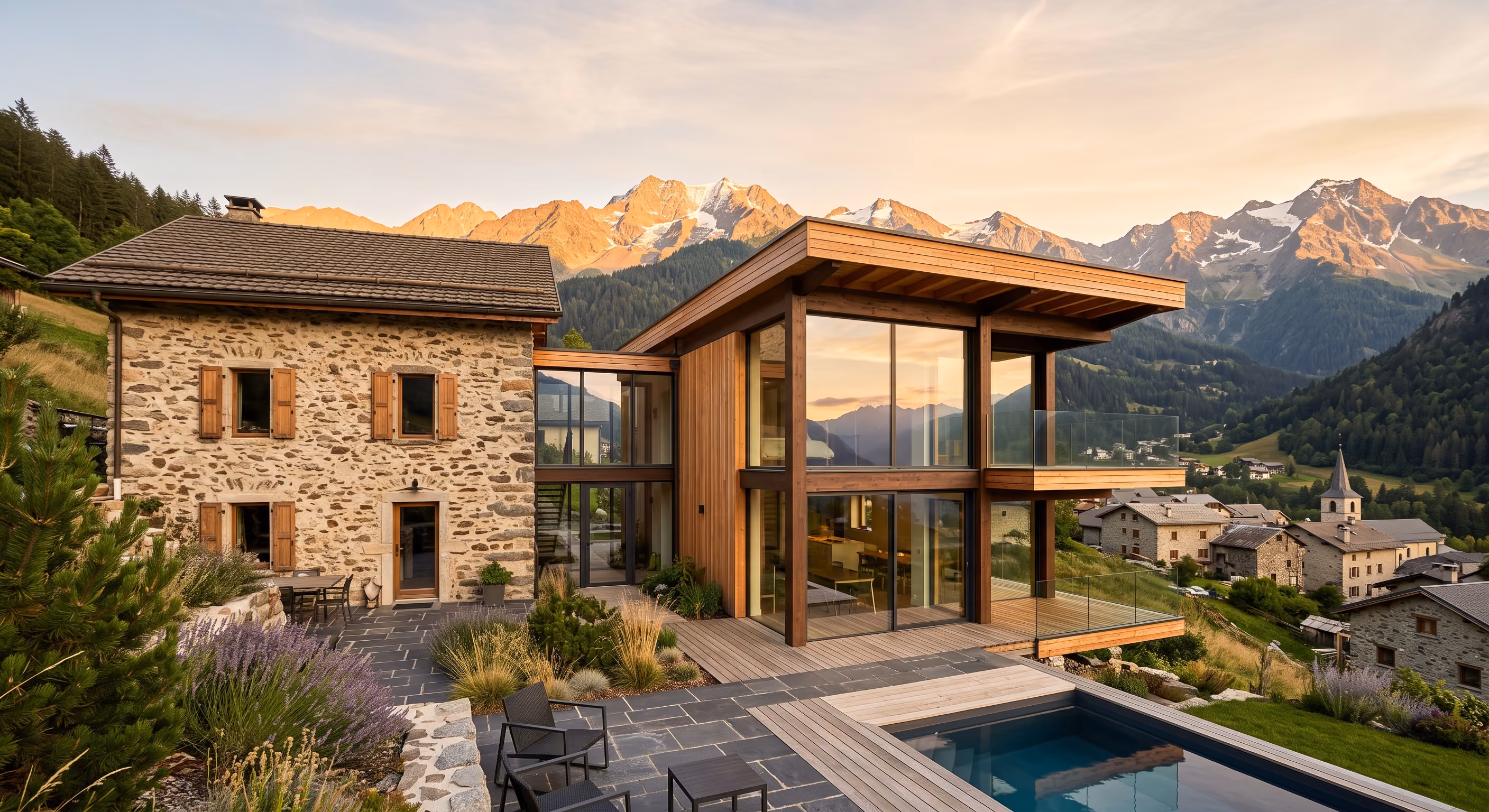 Maison de montagne en pierre et bois avec baies vitrées et piscine, au coucher du soleil face aux sommets