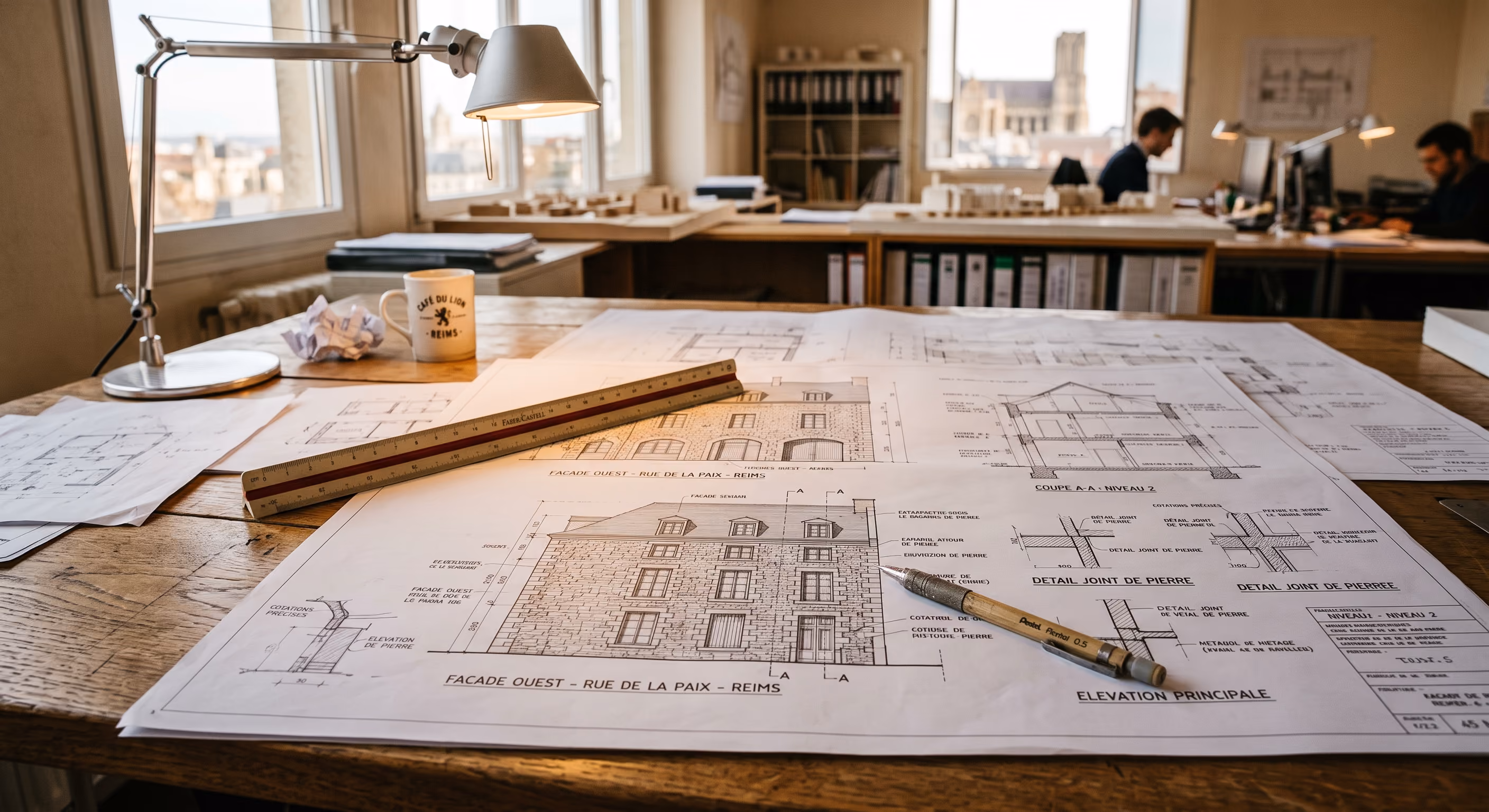 Plans et dossiers de projet étalés sur une table en bois devant une fenêtre