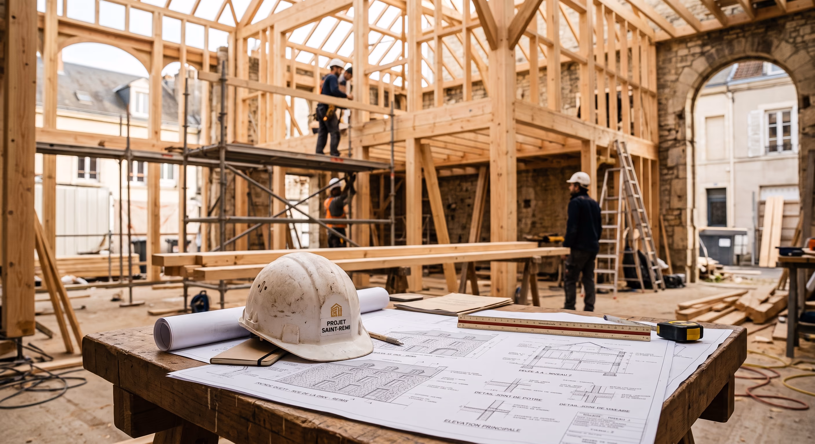 Chantier à ossature bois avec des ouvriers au fond et une table couverte de plans au premier plan