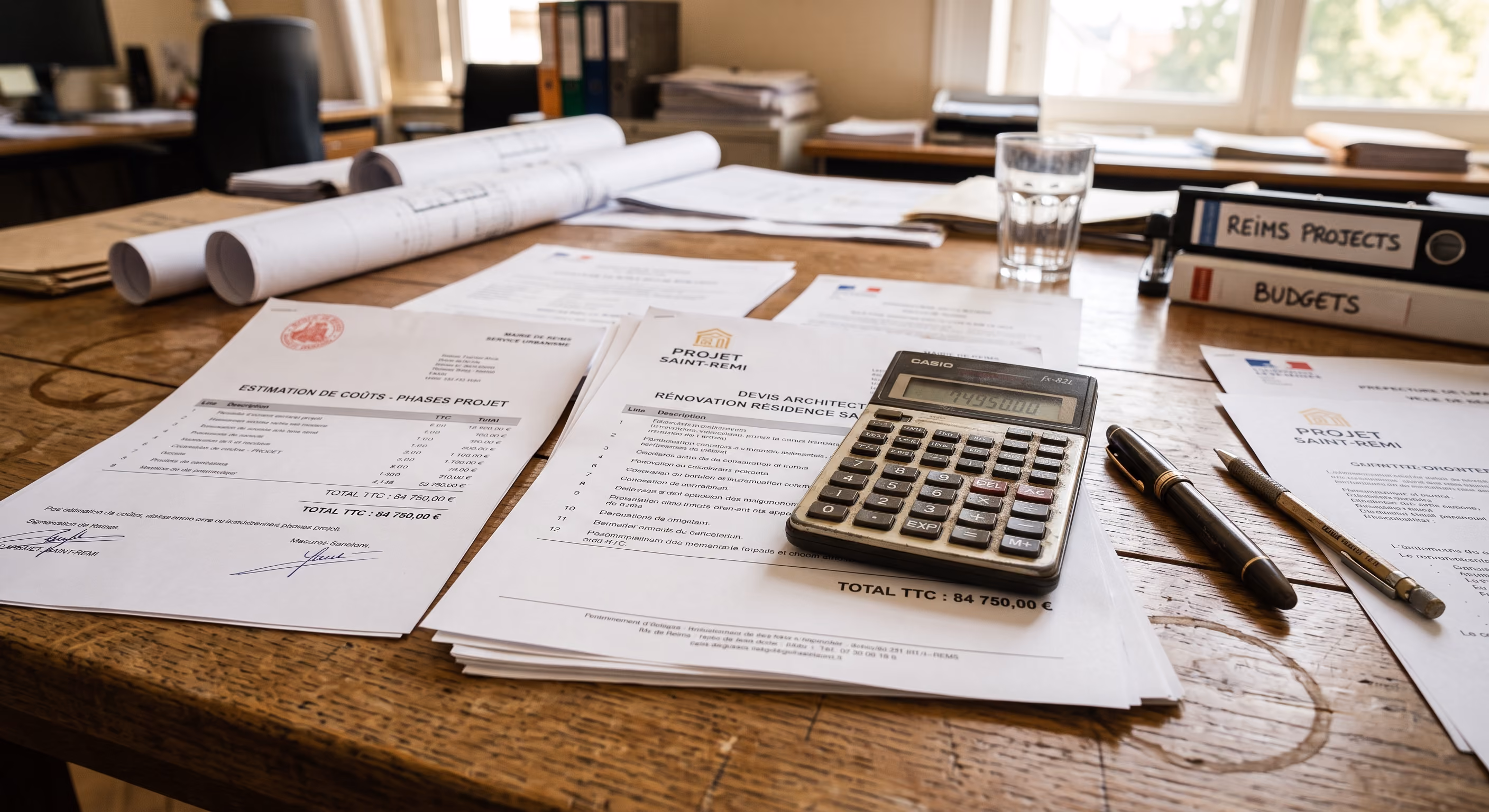 Plans d'architecte, calculatrice et crayon posés sur une table en bois devant de grandes fenêtres