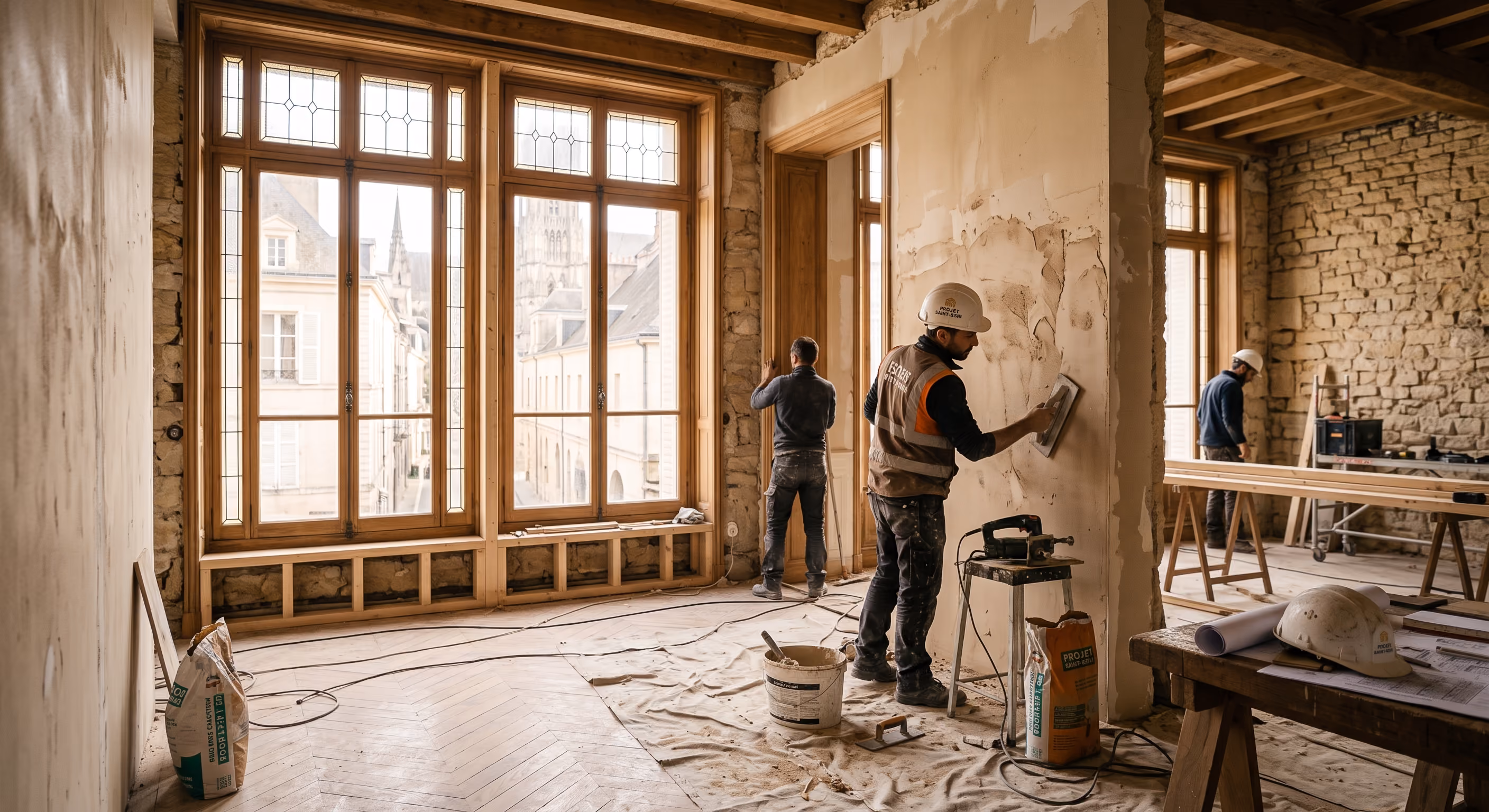 Architecte debout dans un atelier aux murs en pierre, devant de grandes fenêtres à petits carreaux, avec des plans sur la table