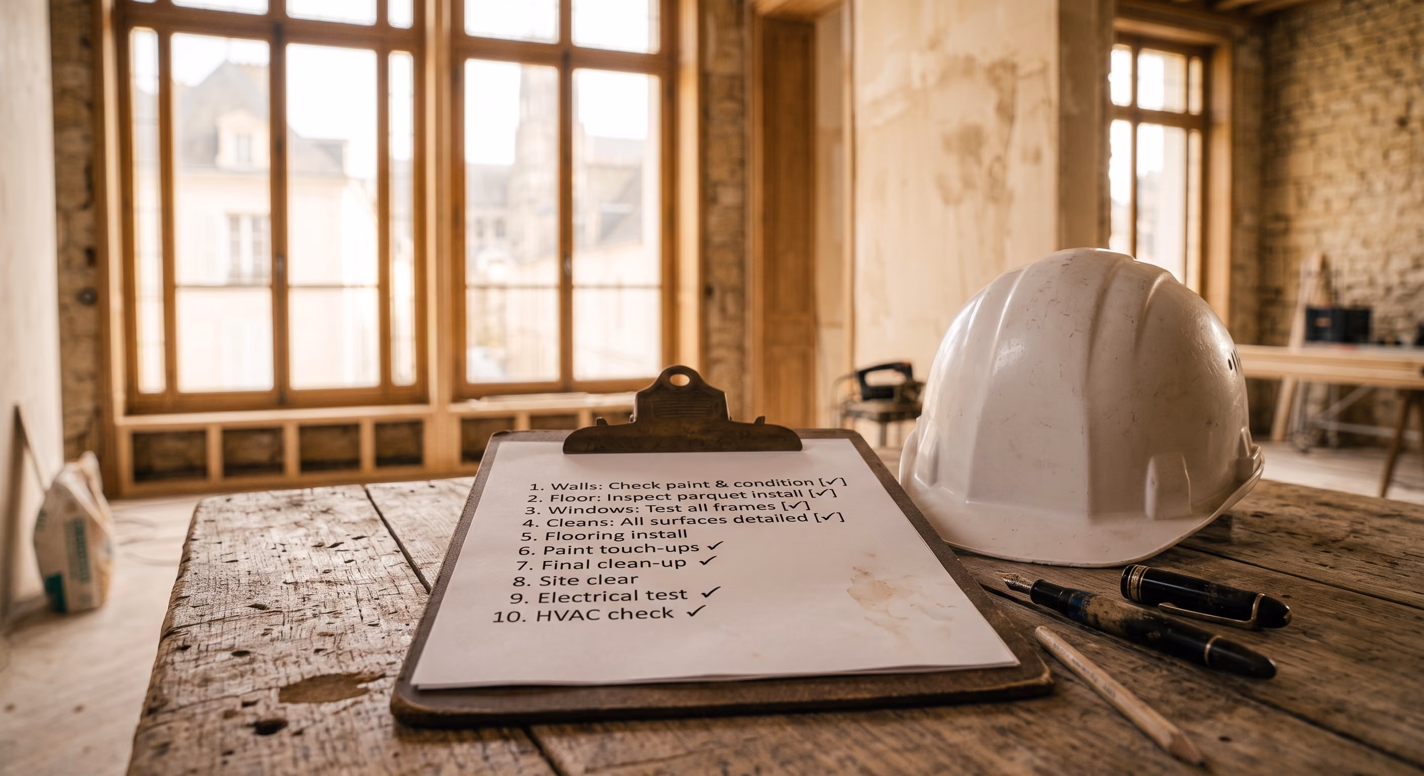 Atelier d'architecte aux murs en pierre et grandes fenêtres, avec des plans étalés sur une table en bois et un casque de chantier