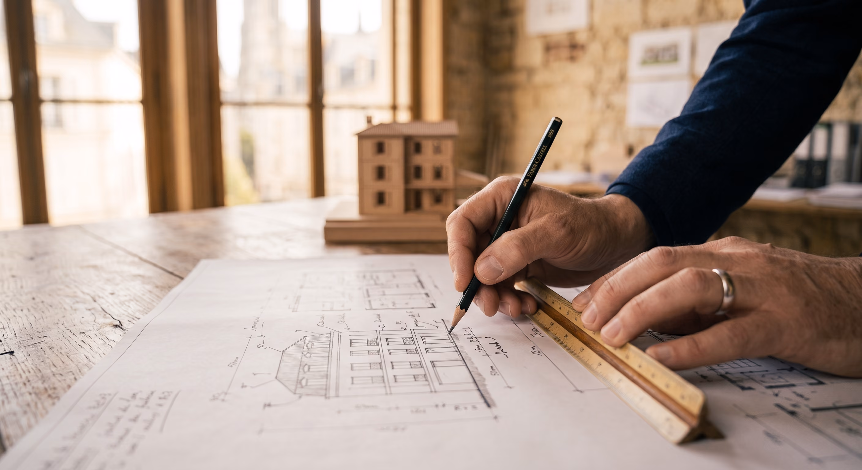 Main d'architecte dessinant sur un plan posé sur une table en bois, avec une maquette en arrière-plan