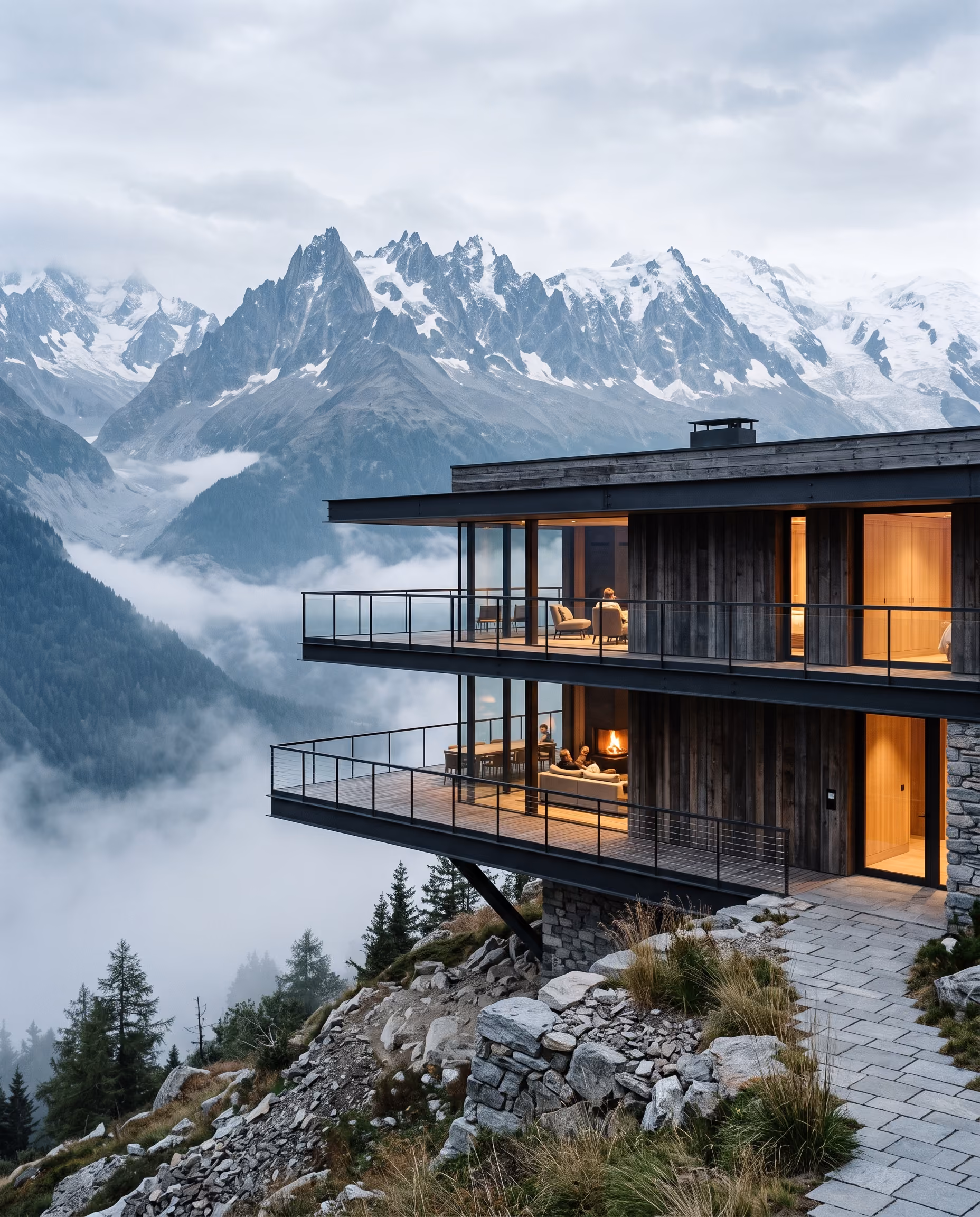Chalet contemporain en bois et verre perché à flanc de montagne, au-dessus d'une mer de nuages et de sommets enneigés