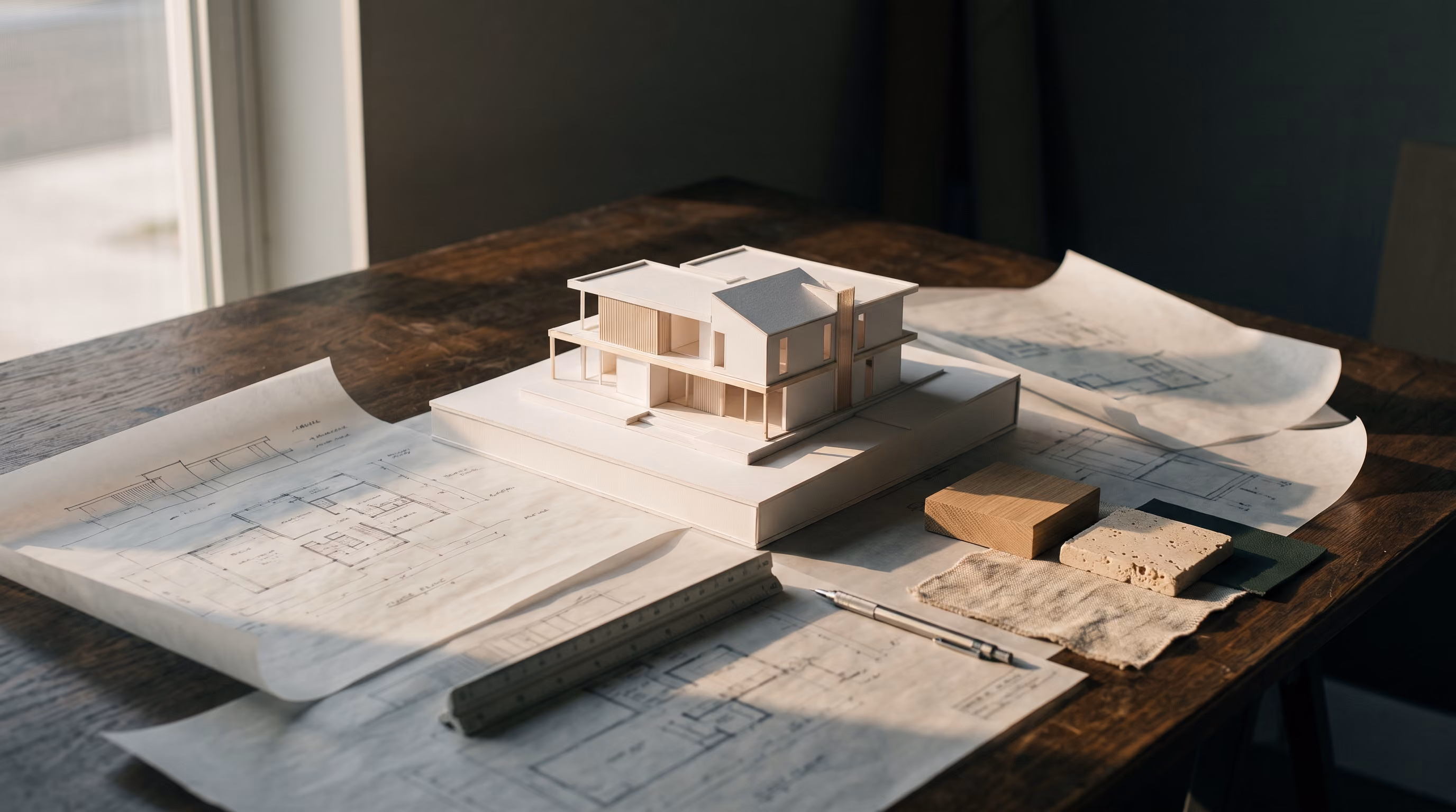 Plans d'architecte, maquettes en papier et feuilles étalés sur un bureau, dans une lumière douce