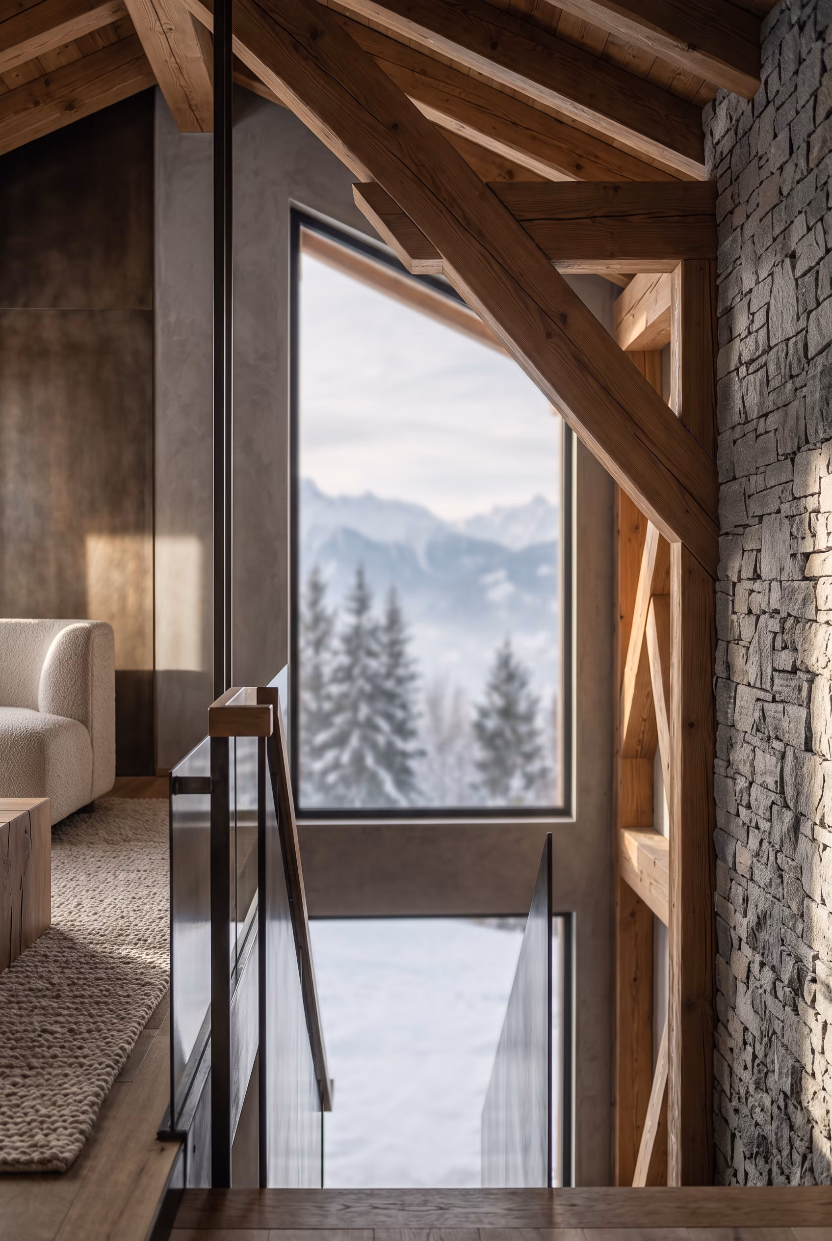 Salon de chalet avec une grande baie vitrée encadrée de bois et de pierre, ouvrant sur des montagnes enneigées