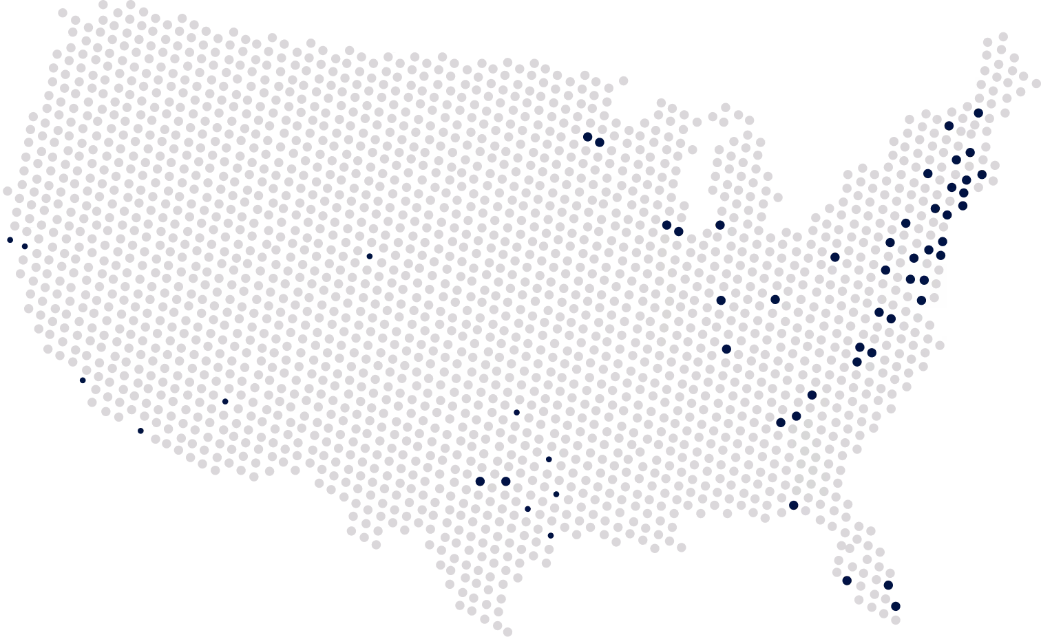 Dot map of the United States highlighting Scholars of Finance chapter locations, concentrated on the East Coast