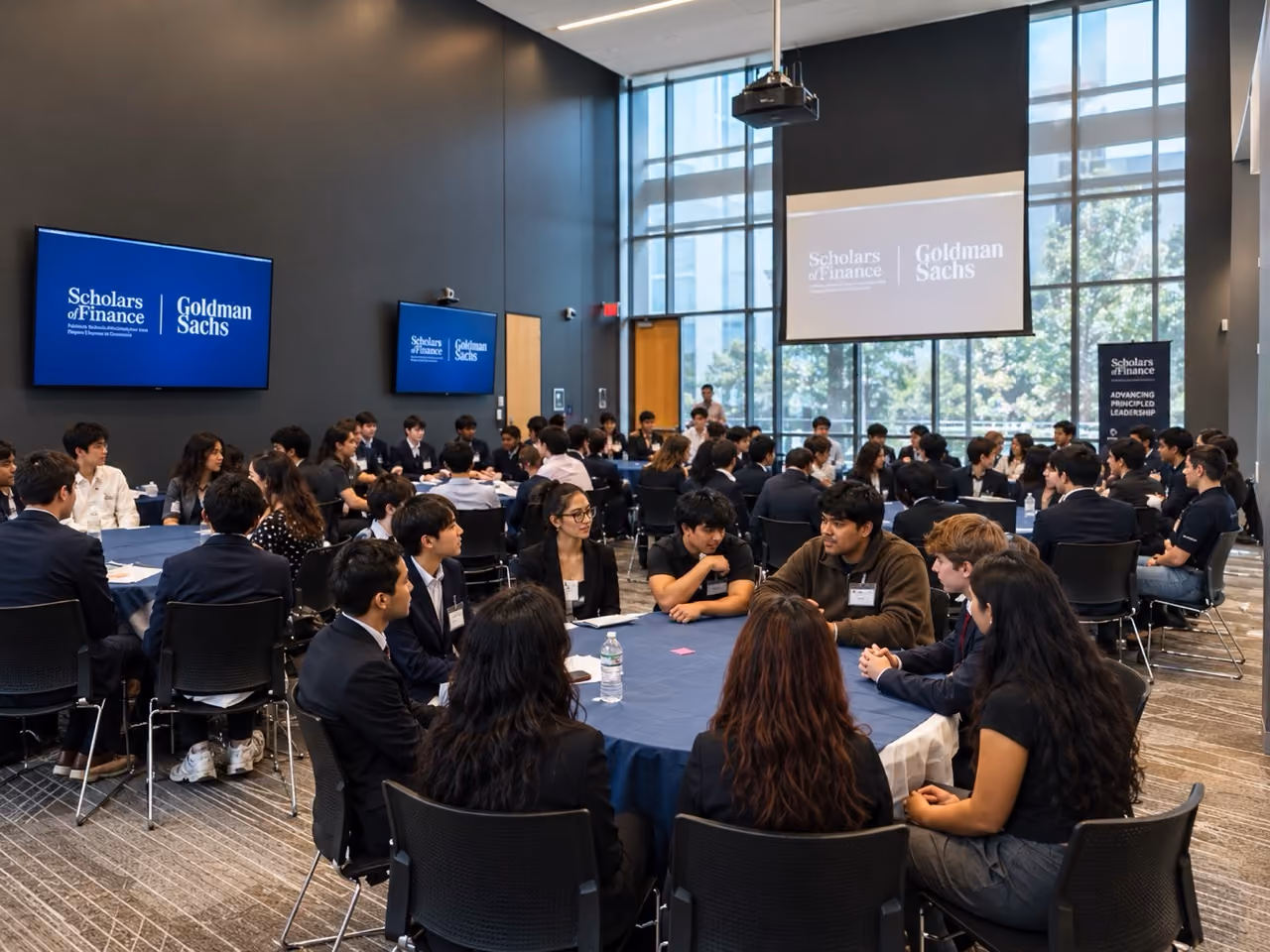 Collaborative Finance Leadership Workshop with Goldman Sachs-- a group of college students sitting at tables