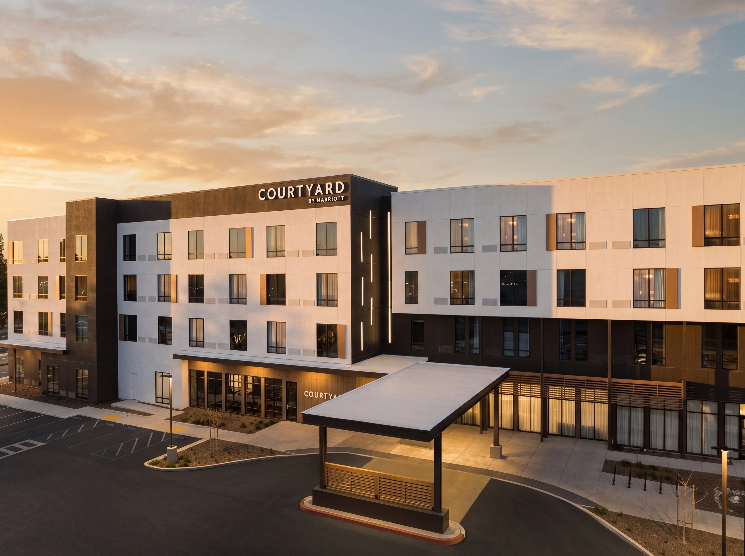 Courtyard by Marriott Antioch Pittsburg, new contemporary hotel exterior at blue hour
