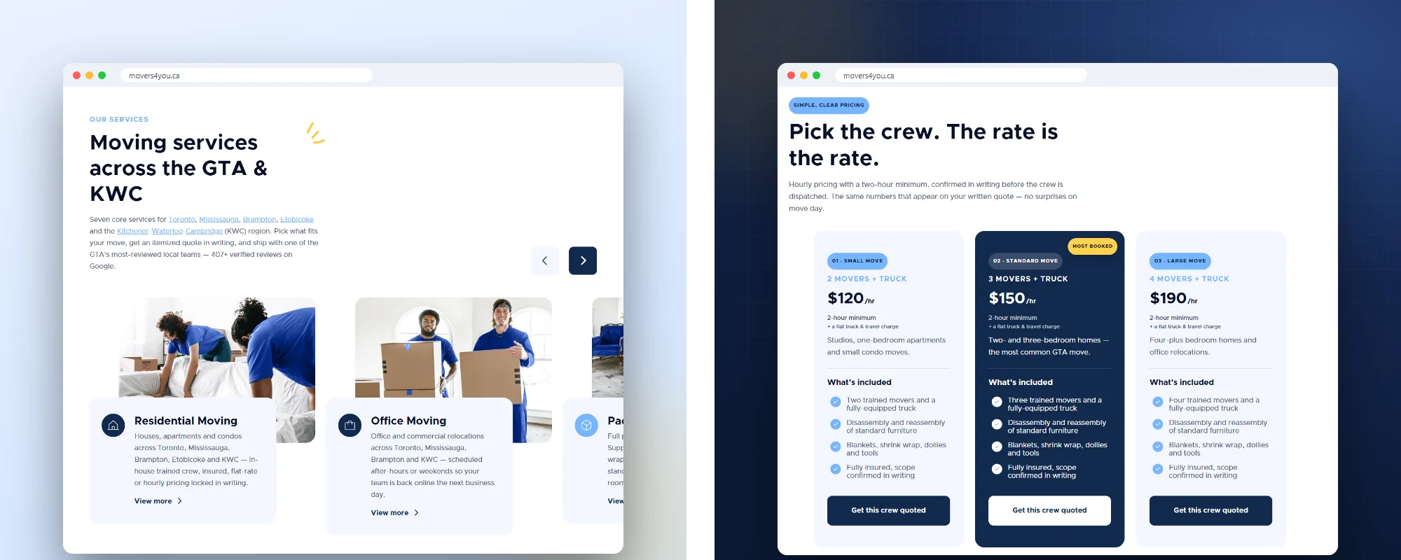 Movers4You services and pricing sections