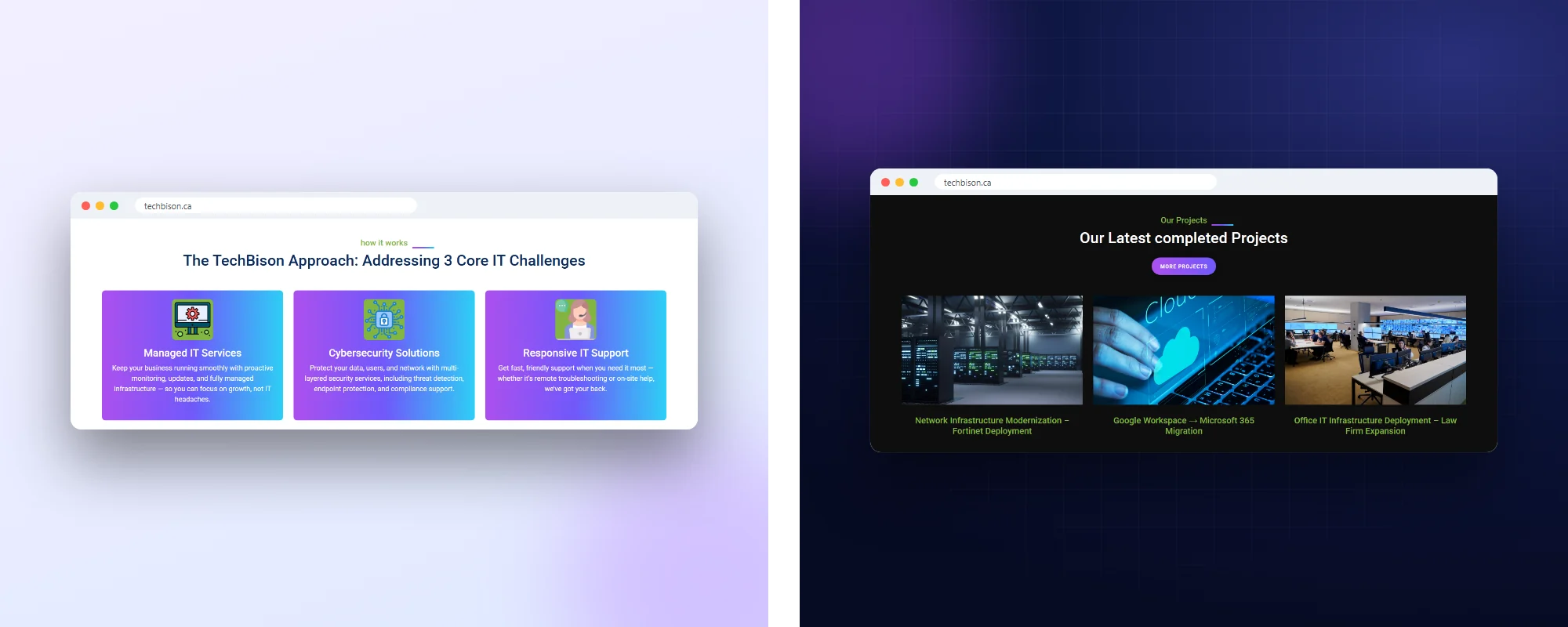 TechBison approach and completed projects sections