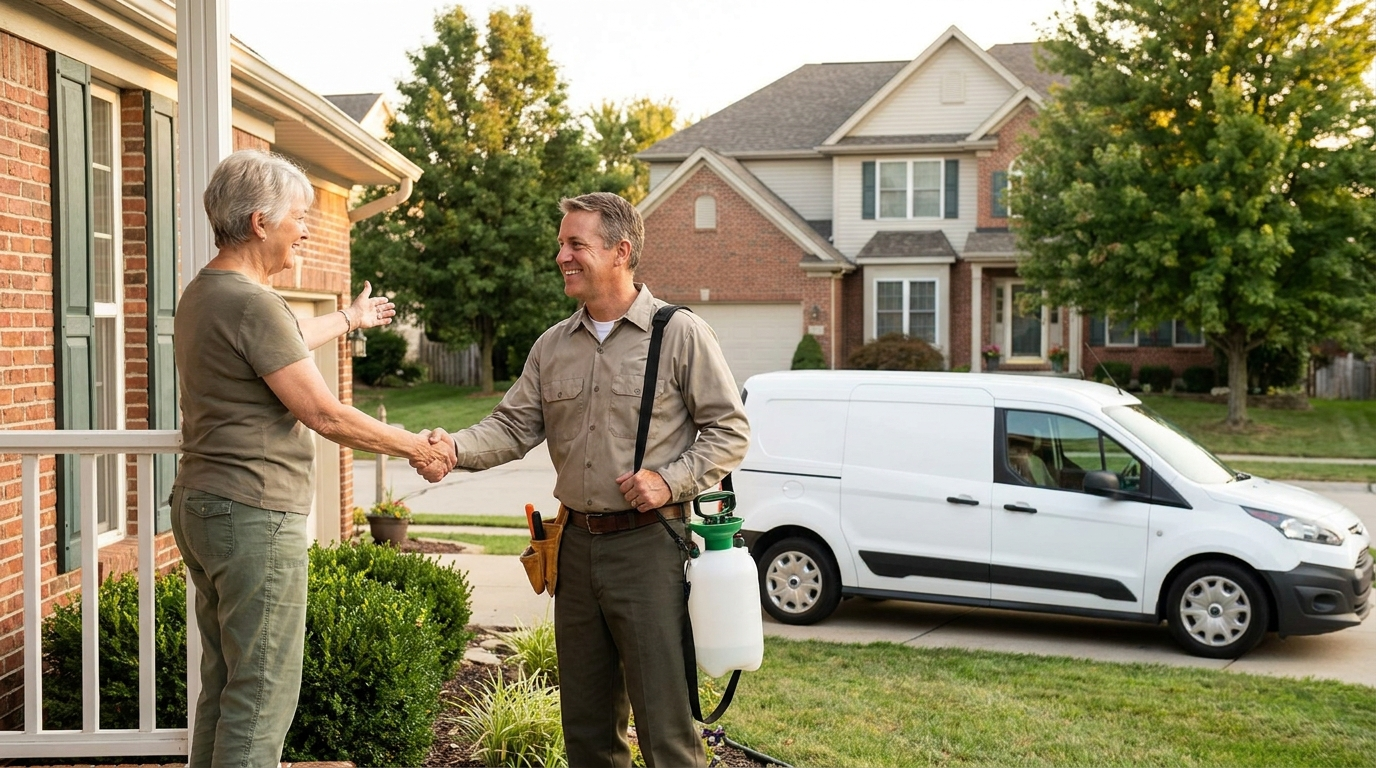Pest Control company business man greeting a homeowner