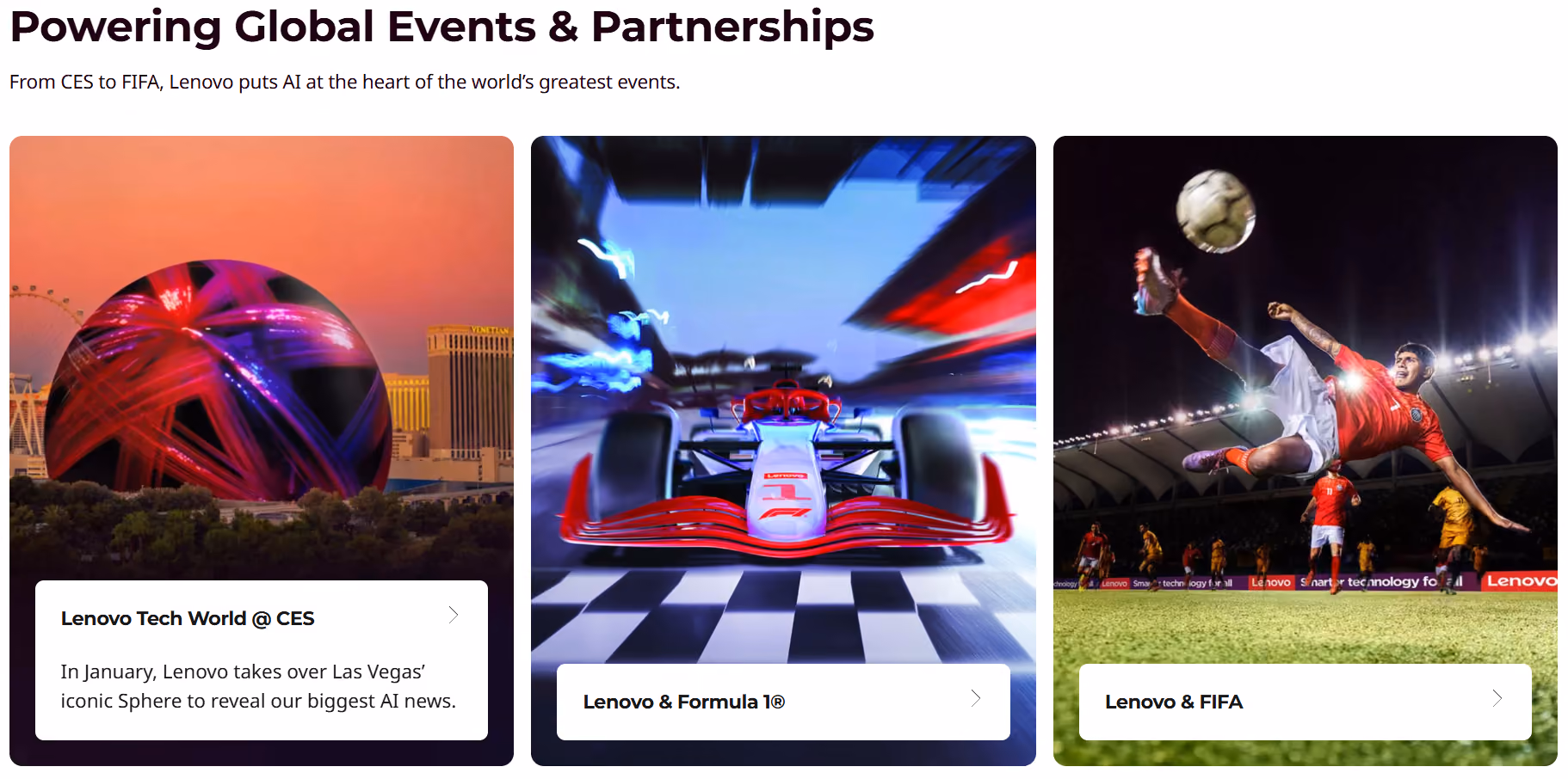 A screenshot of a Cards List component developed in Lenovo's AEM marketing codebase. The component has title and description text, with three images that enlarge and display extra content when hovered over.