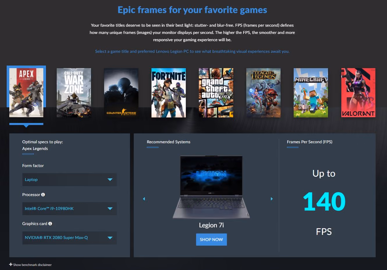 A screenshot of the Legion gaming brand page on Lenovo.com in 2020.