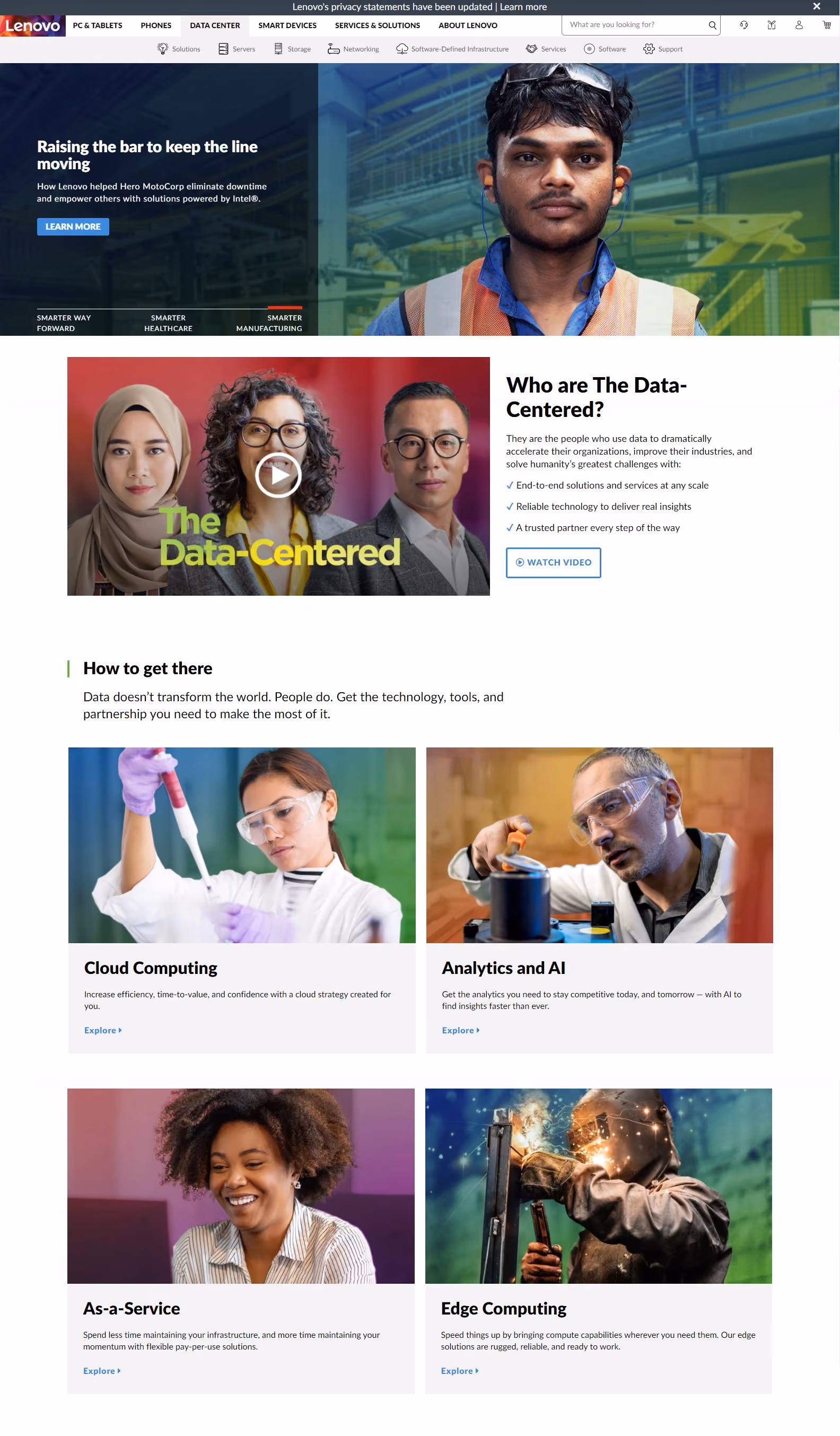 A screenshot of the Lenovo DCG Home Page, built in the Drupal platform.