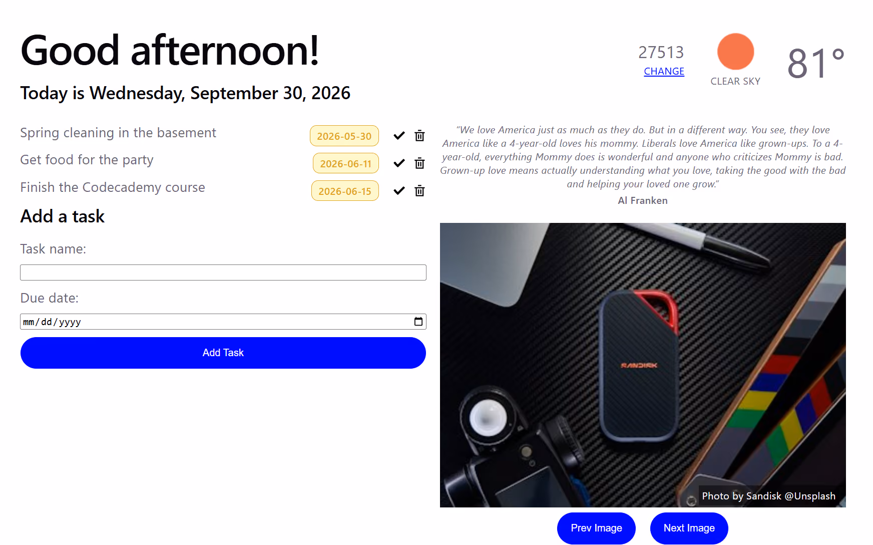 A screenshot of the Codecademy Portfolio inspirational site built in React + Vite.