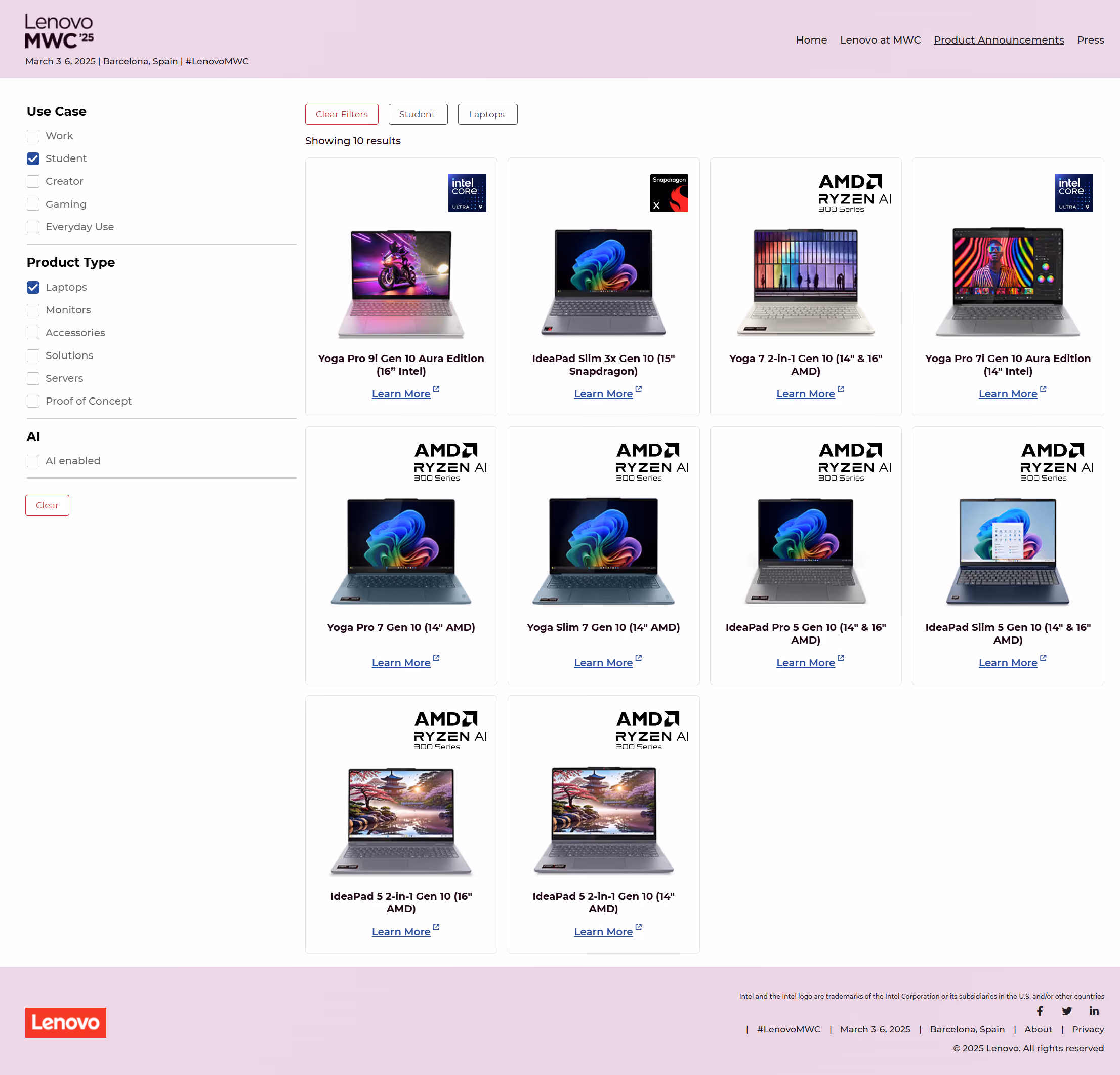 A screenshot of the announcements page of the 2025 Lenovo at MWC microsite, developed in AEM. The page has a product filter component where a user would make attribute selections to see particular new product releases Lenovo was showcasing at the event.
