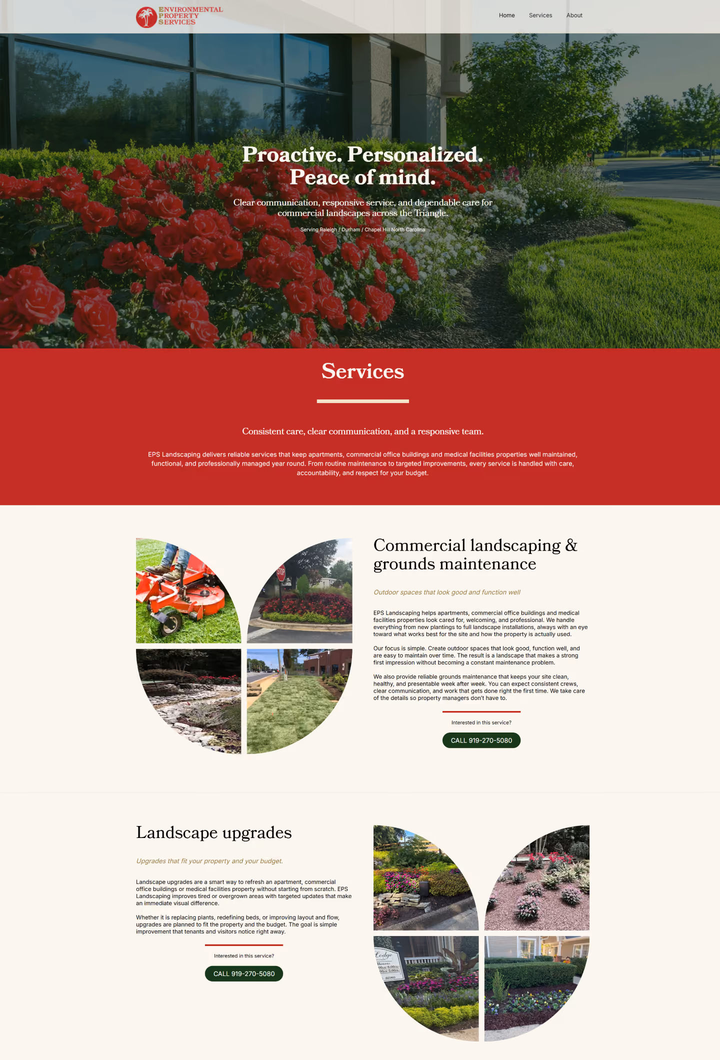 A screenshot of the EPS Landscaping web site, a freelance project for a Raleigh-area landscaping company.