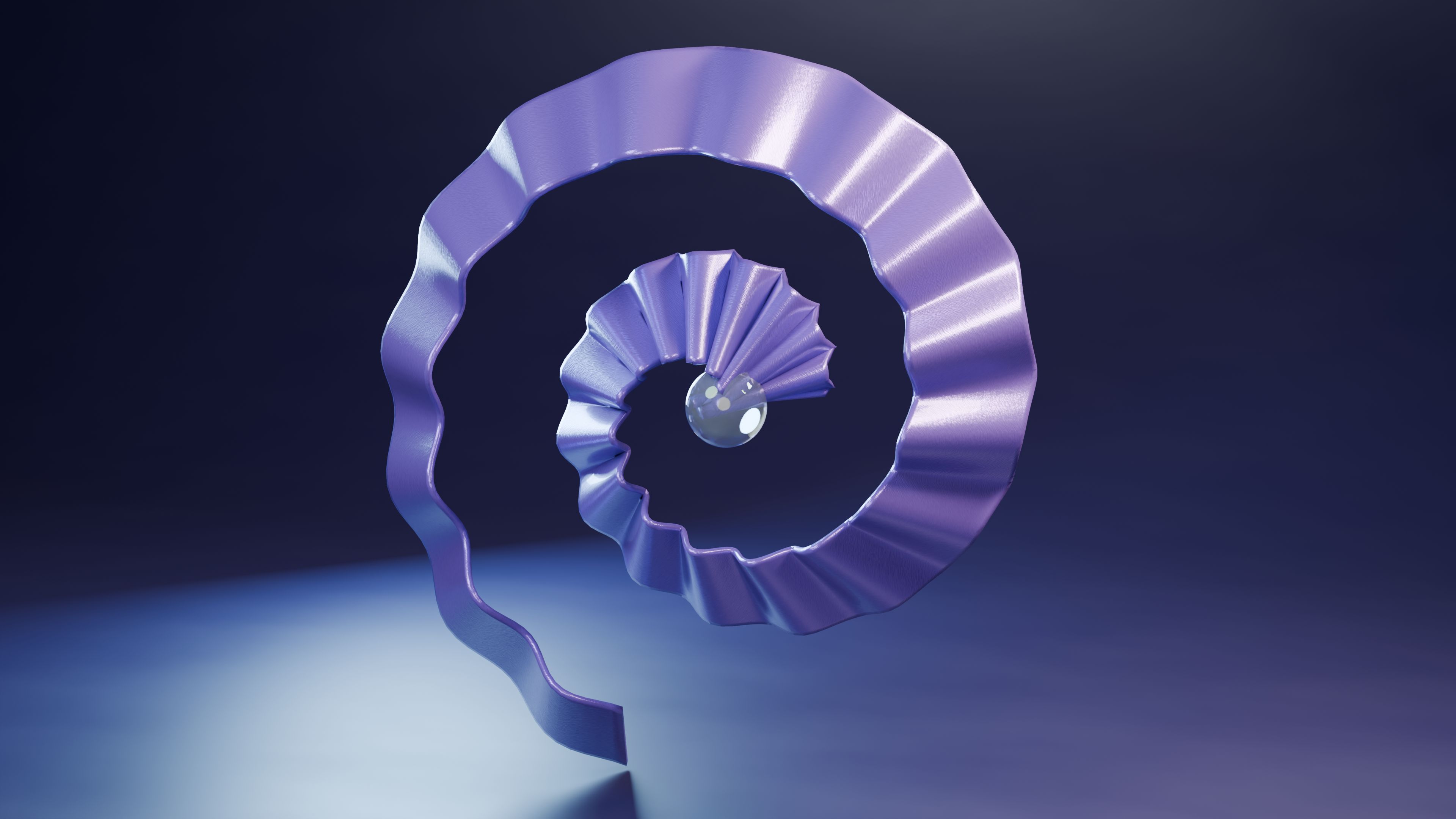 Abstract 3D purple pleated spiral ribbon surrounding a central metallic sphere