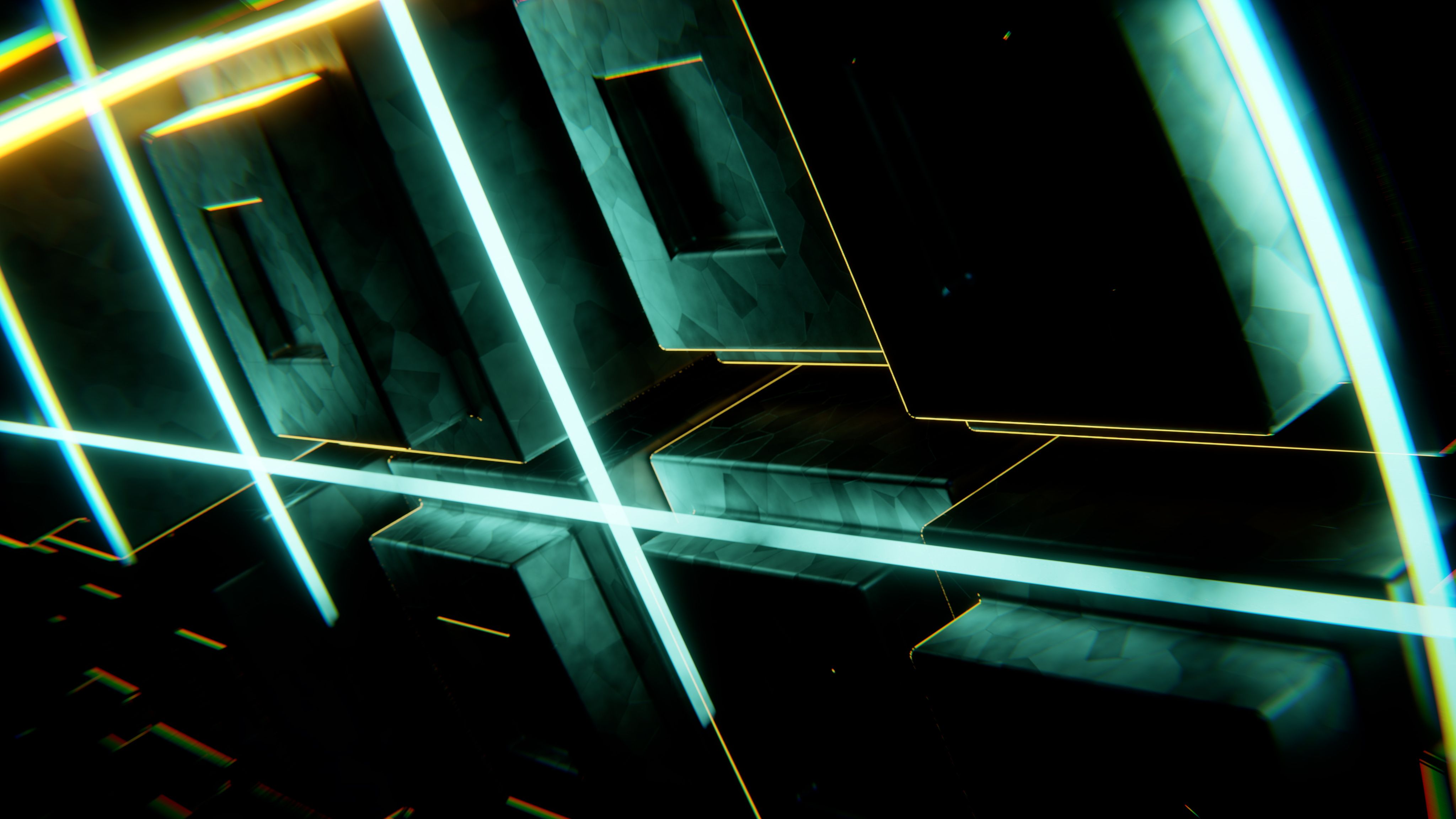 Wide-angle isometric architectural grid with glowing laser pathways representing custom enterprise infrastructure