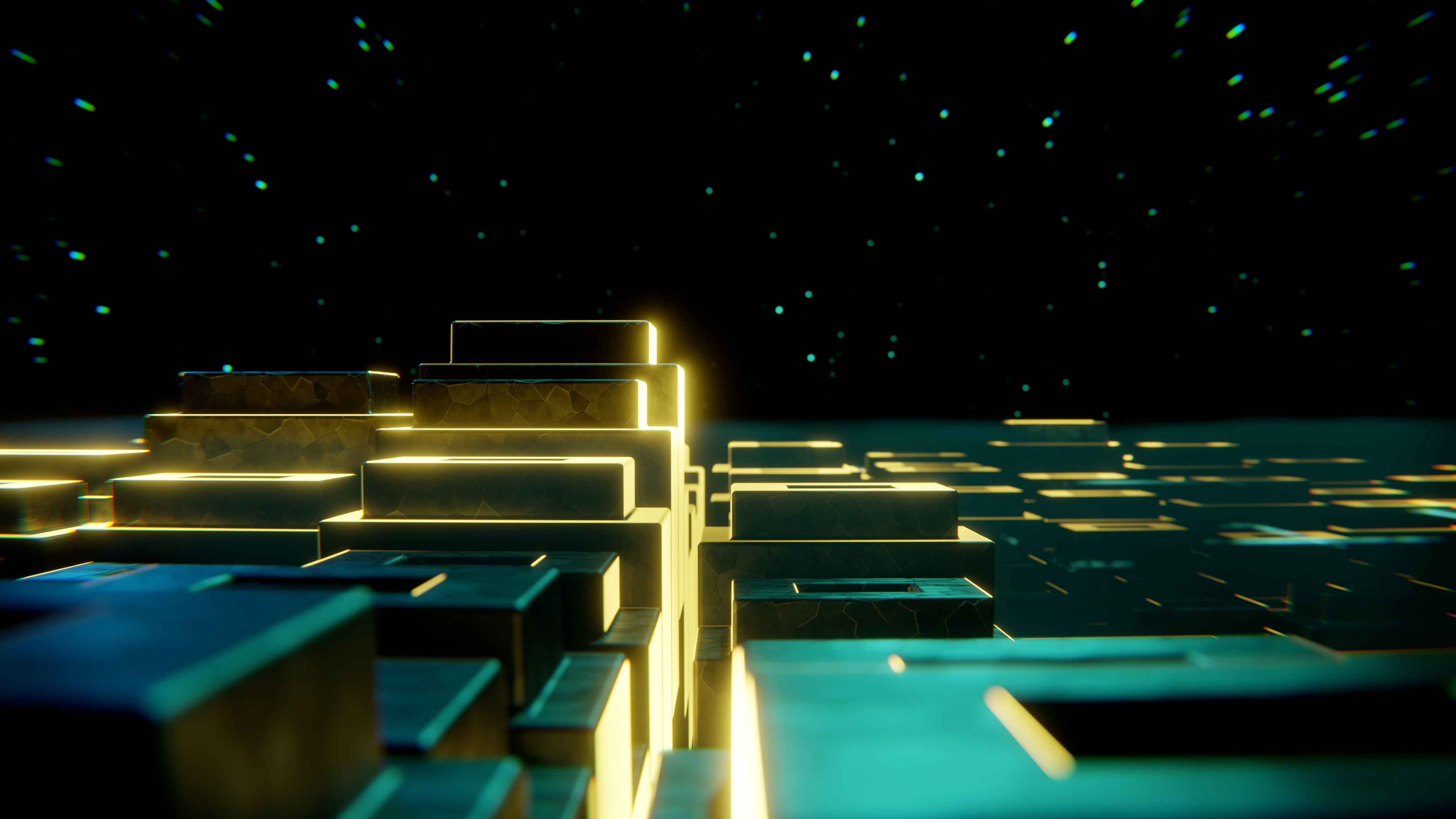 3D geometric block grid illuminated with gold light representing analytical clarity