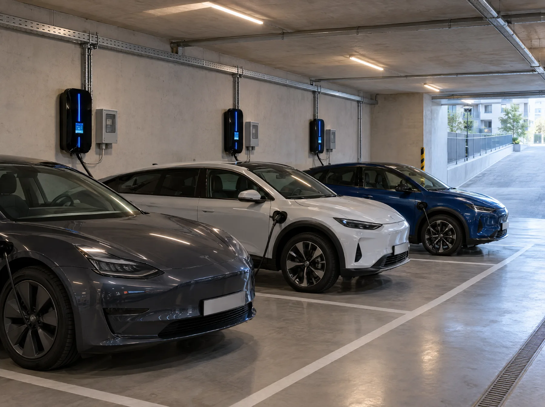 Garaža stambene zgrade sa zidnim punjačima i električnim automobilima