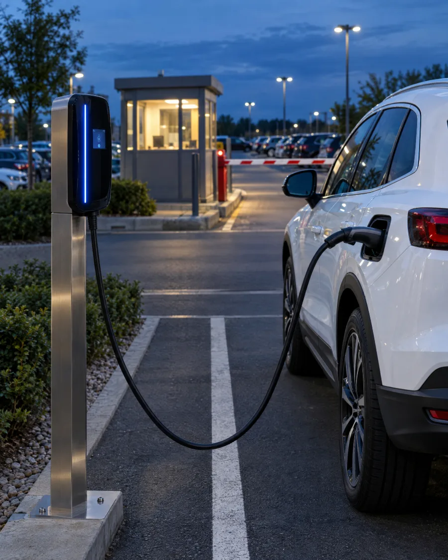Punjač na stubu i električni automobil na otvorenom parkingu u sumrak
