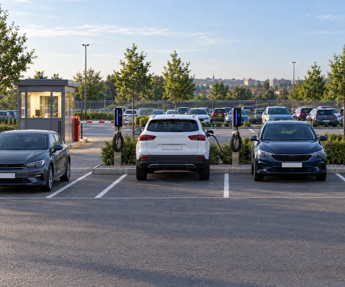 Čuvani parking sa rampom, kućicom i punjačima na stubovima