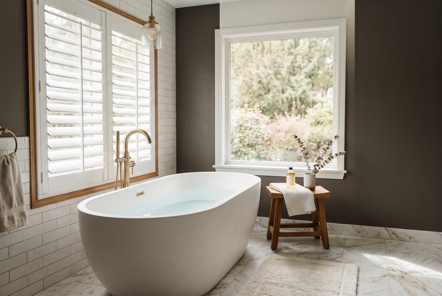 Polysatin shutters on a bathroom window in a Bainbridge Island home