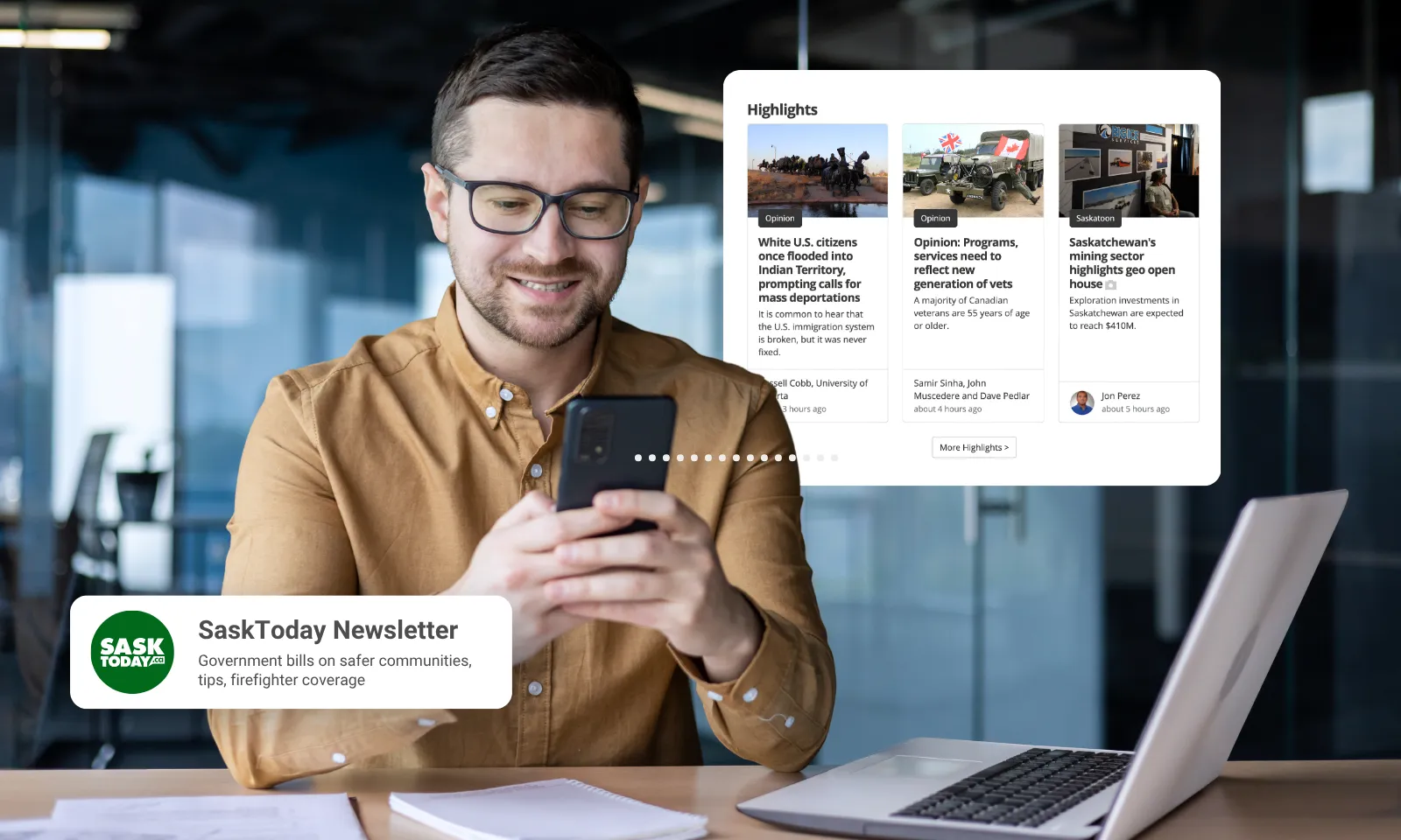 Local news on his phone