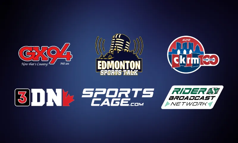 Logos for GX94, Edmonton Sports Talk, 620 CKRM, 3DownNation, SportsCage and the Rider Broadcast Network