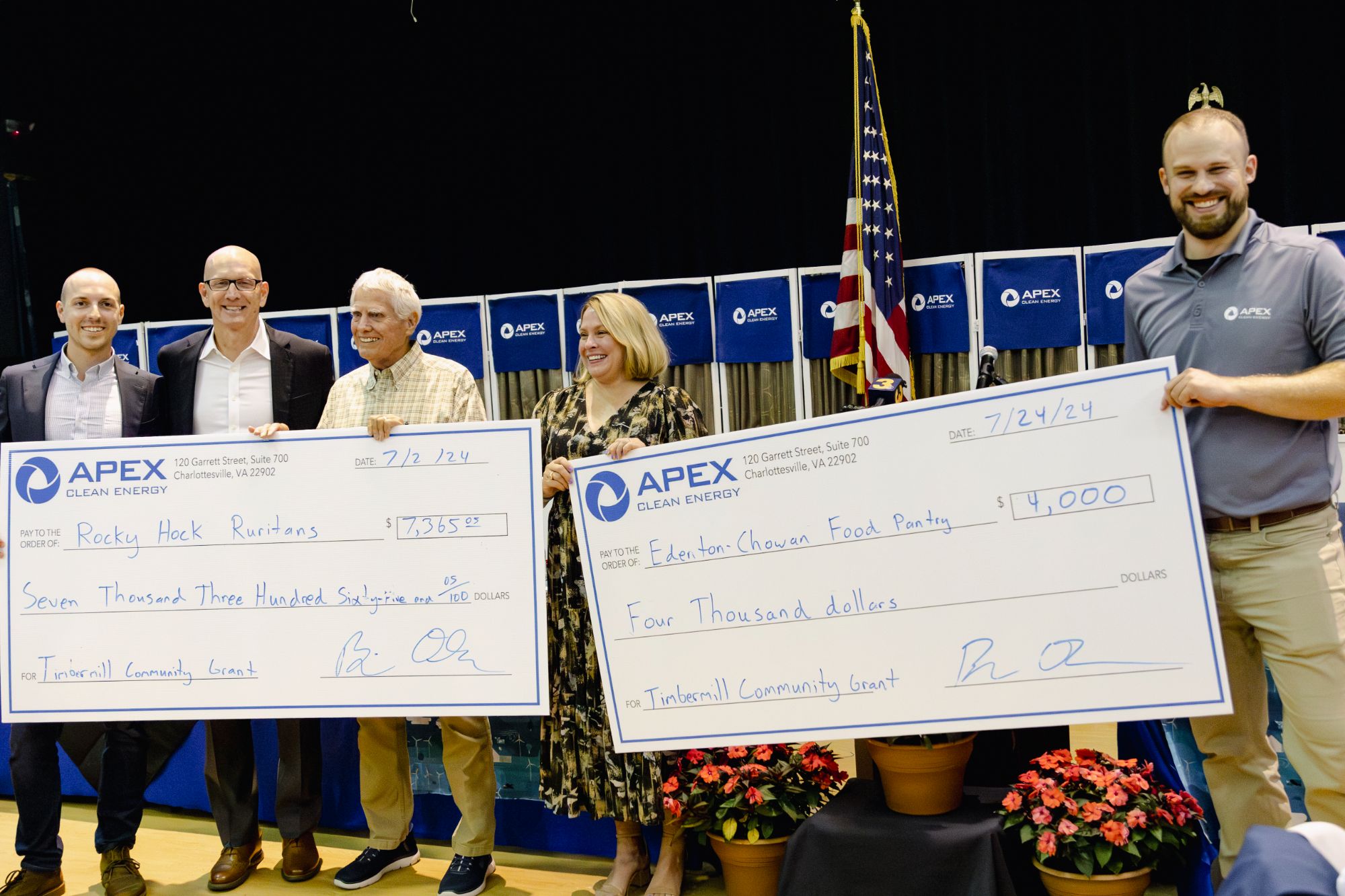 Five people holding oversized Apex Clean Energy checks for Rocky Hock Ruritan and Edenton-Chowan Food Pantry.